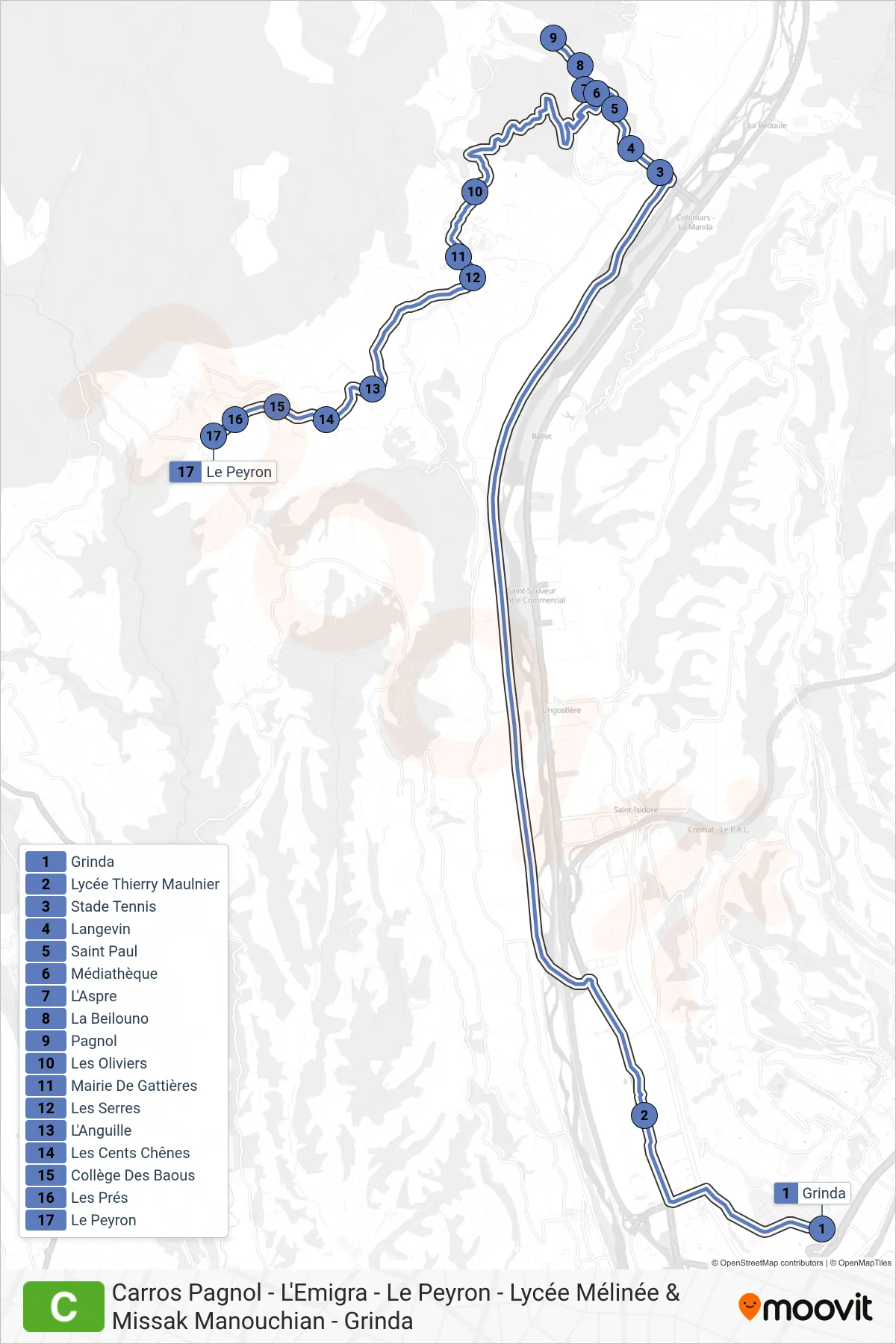 C bus Line (Le Peyron) route and stops on a map