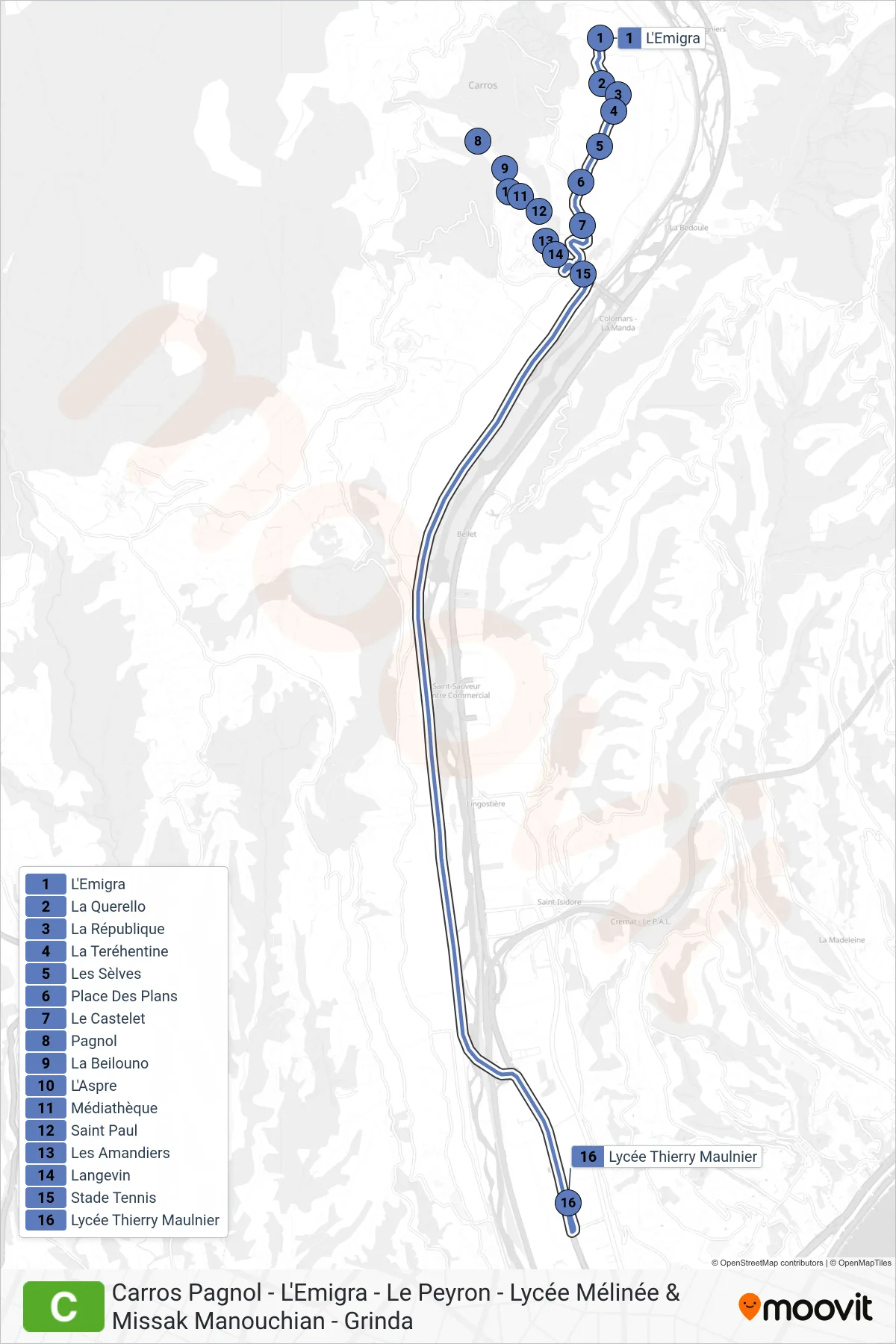 C bus Line (Lycée Mélinée & Missak Manouchian) route and stops on a map