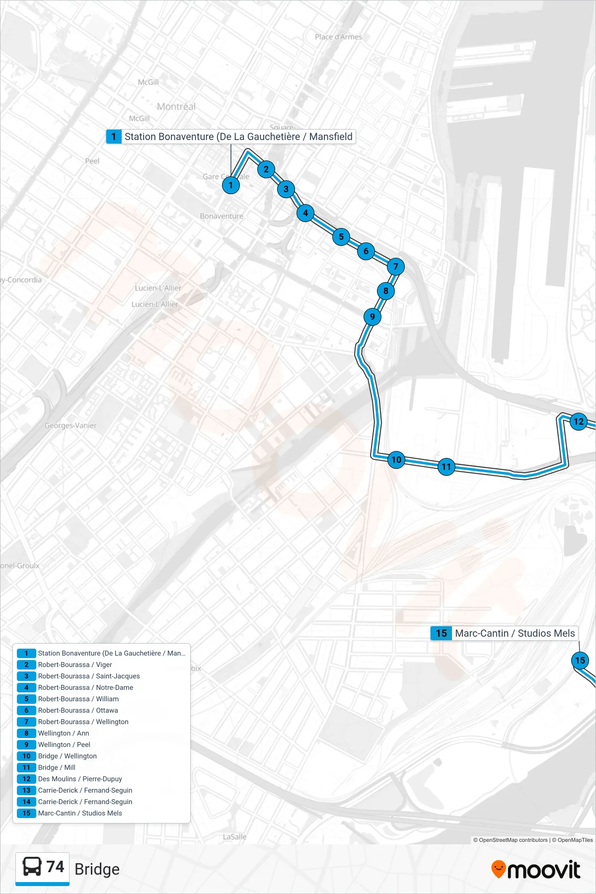 Plan de la ligne - 74 - Sud Via Wellington / Bridge - Arrêts
