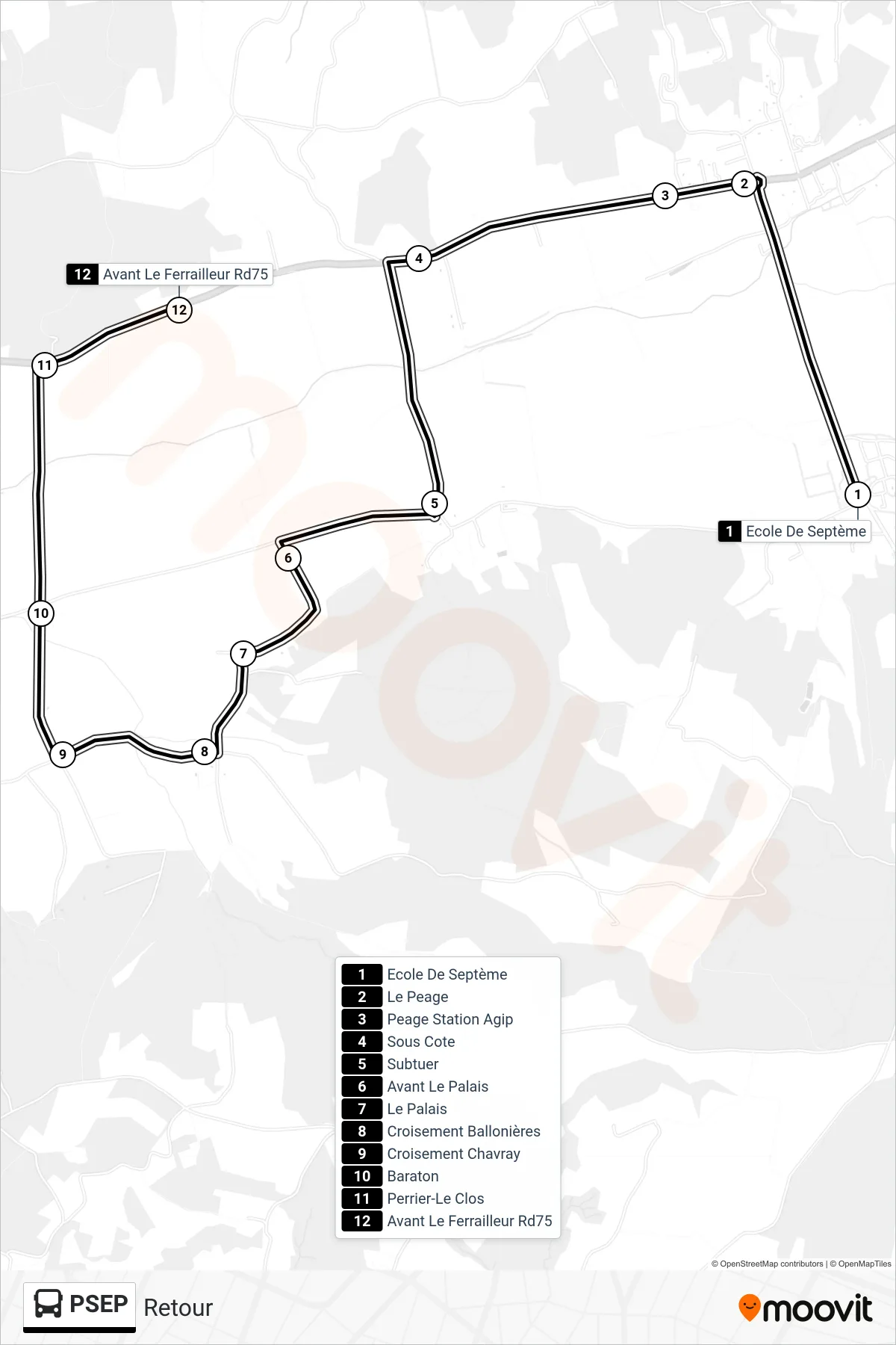 PSEP bus Line (Retour) route and stops on a map