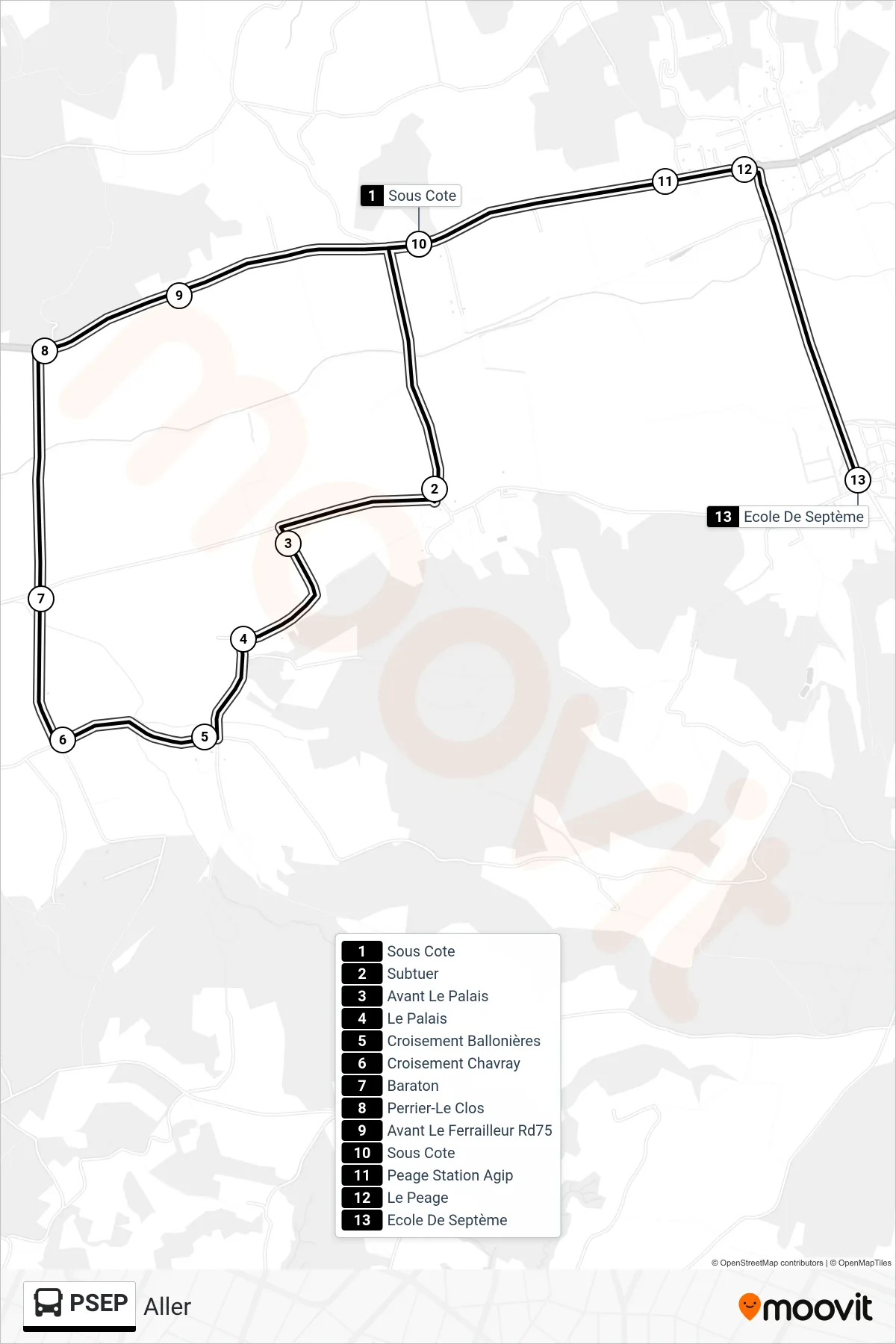 Tracé et arrêts de la ligne PSEP de bus (Aller) sur une carte