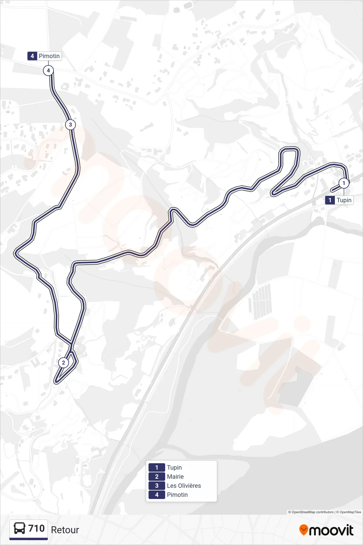 710 bus Line (Retour) route and stops on a map