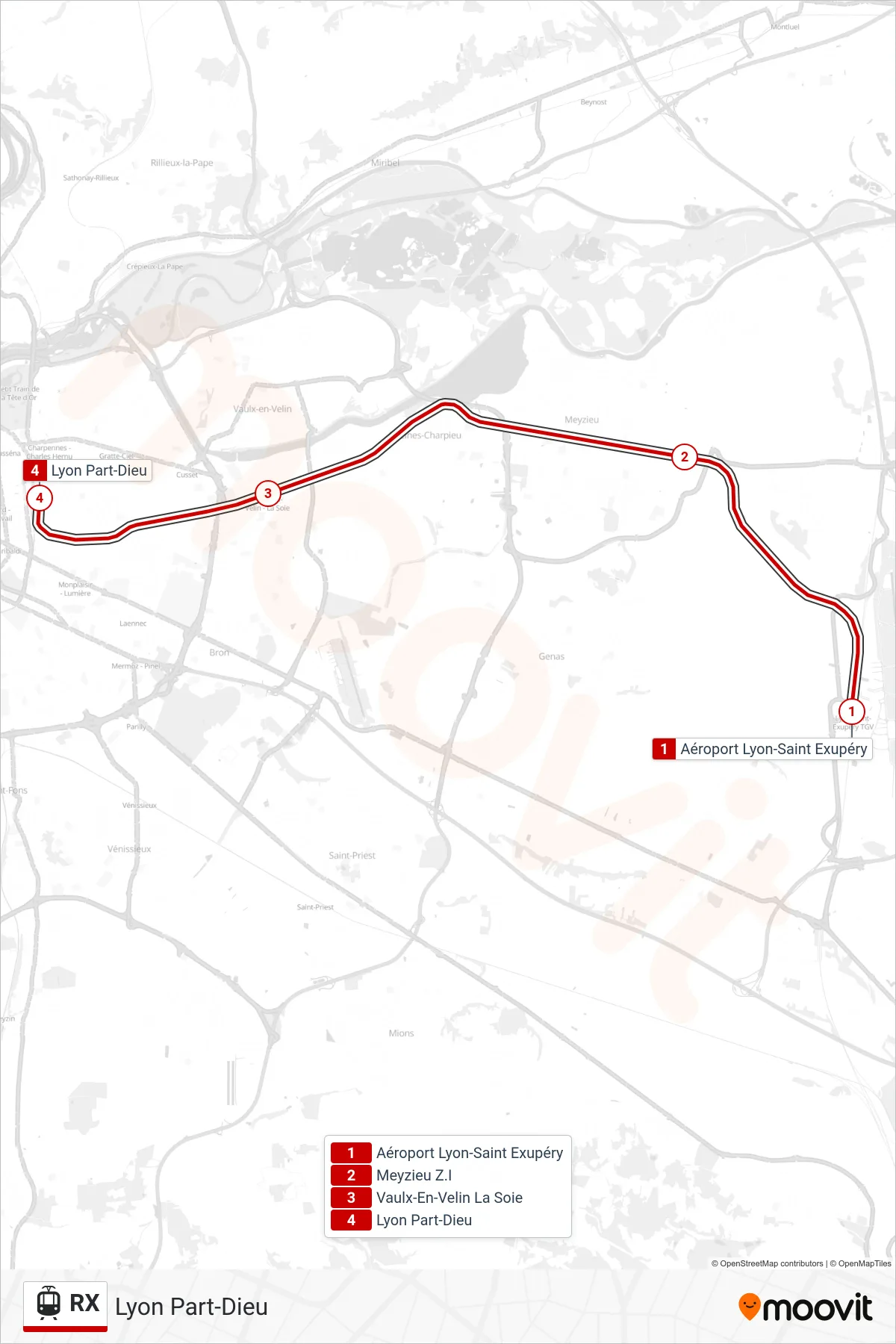 RX light rail Line (Lyon Part-Dieu) route and stops on a map