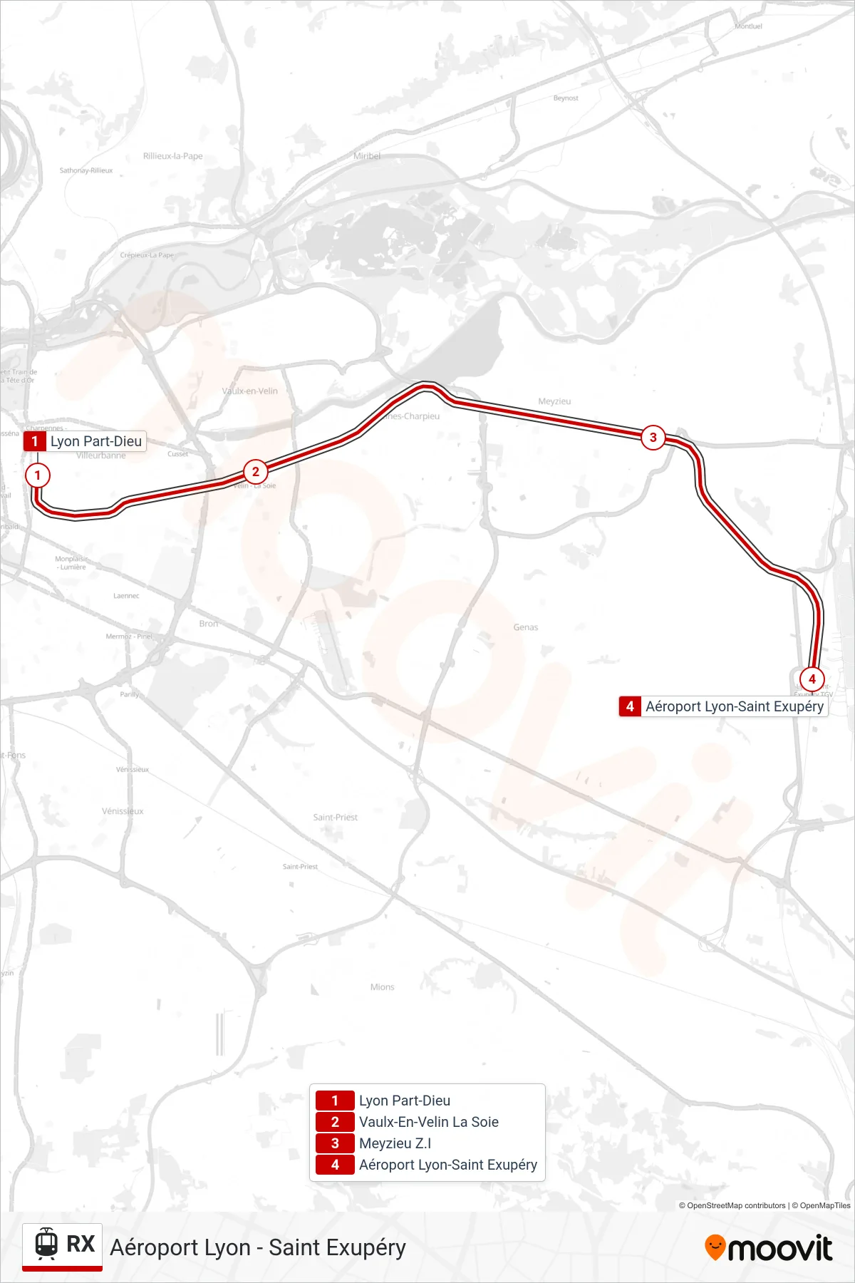 RX tram Line (Aéroport Lyon - Saint Exupéry) route and stops on a map