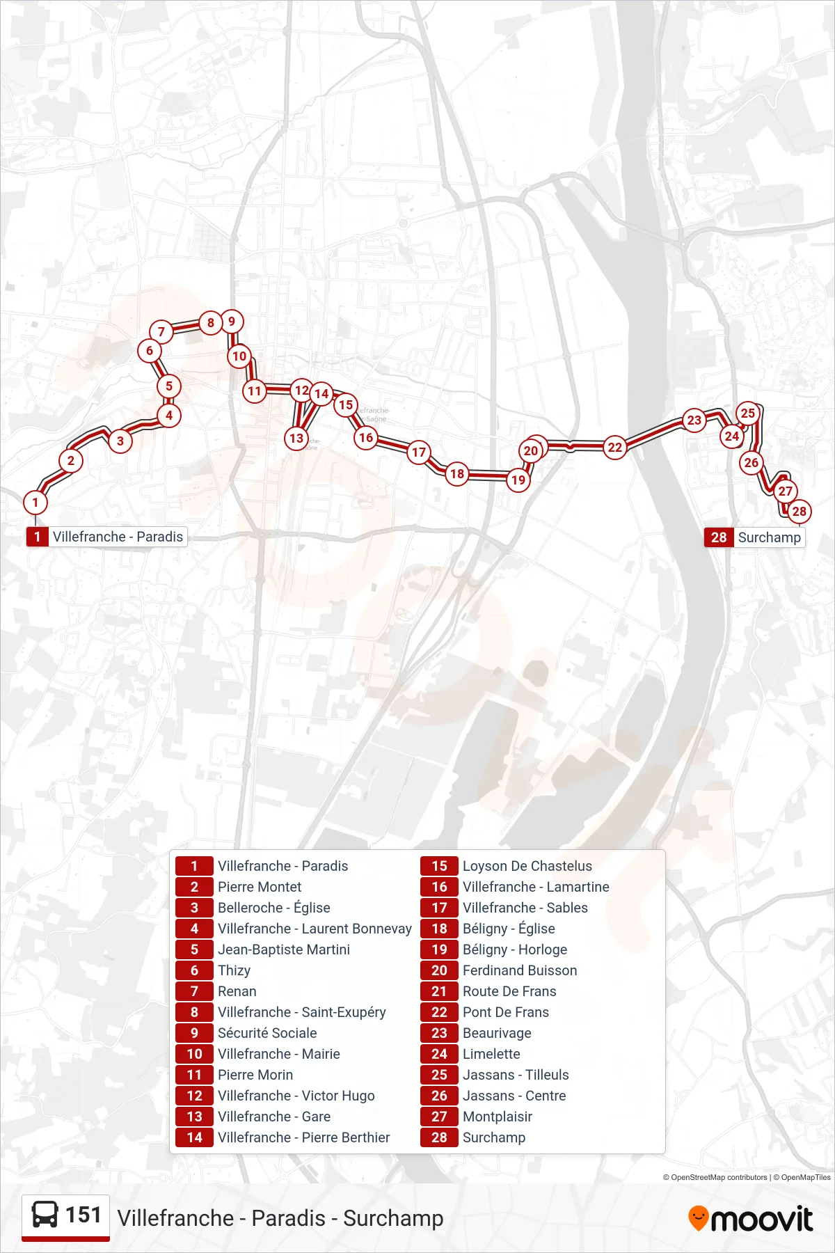 151 bus Line (Jassans-Riottier - Surchamp) route and stops on a map
