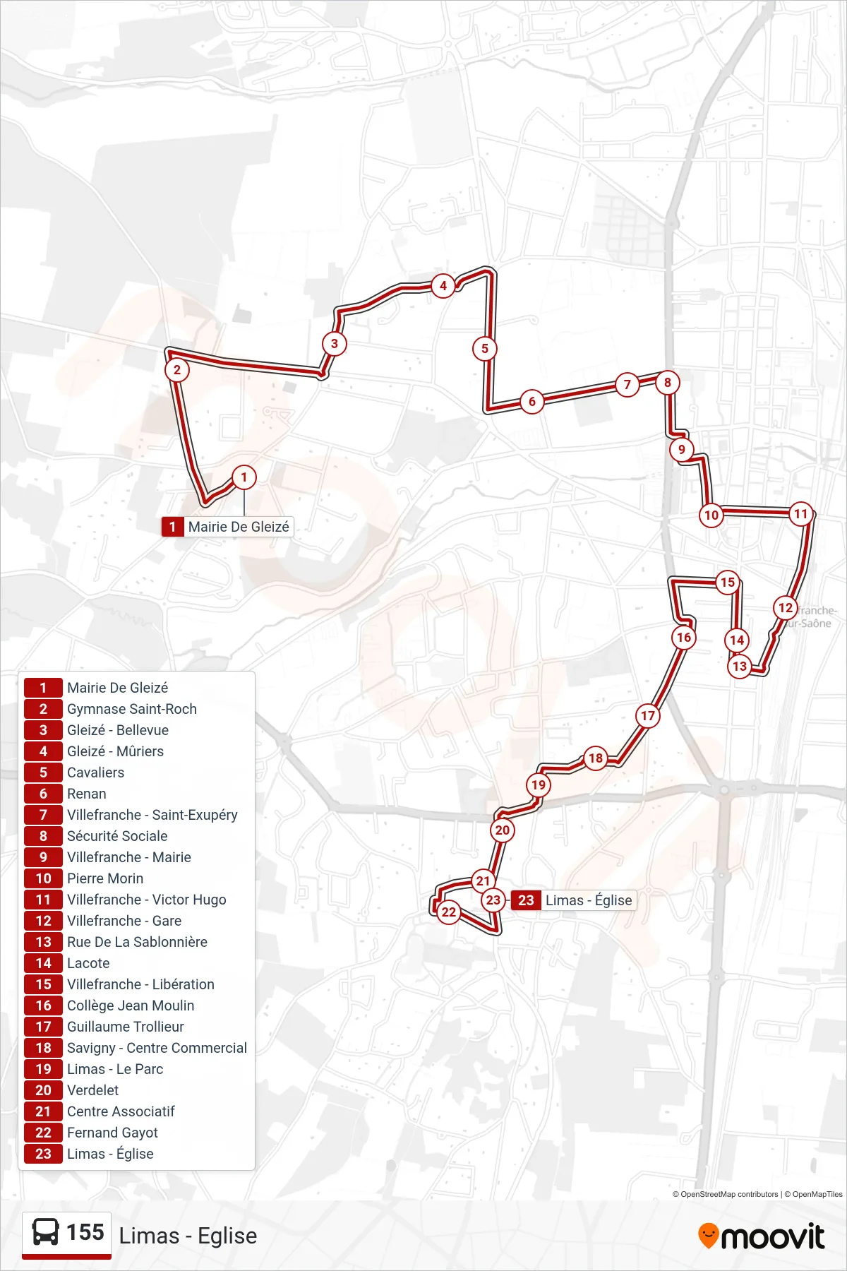 155 bus Line (Limas - Eglise) route and stops on a map