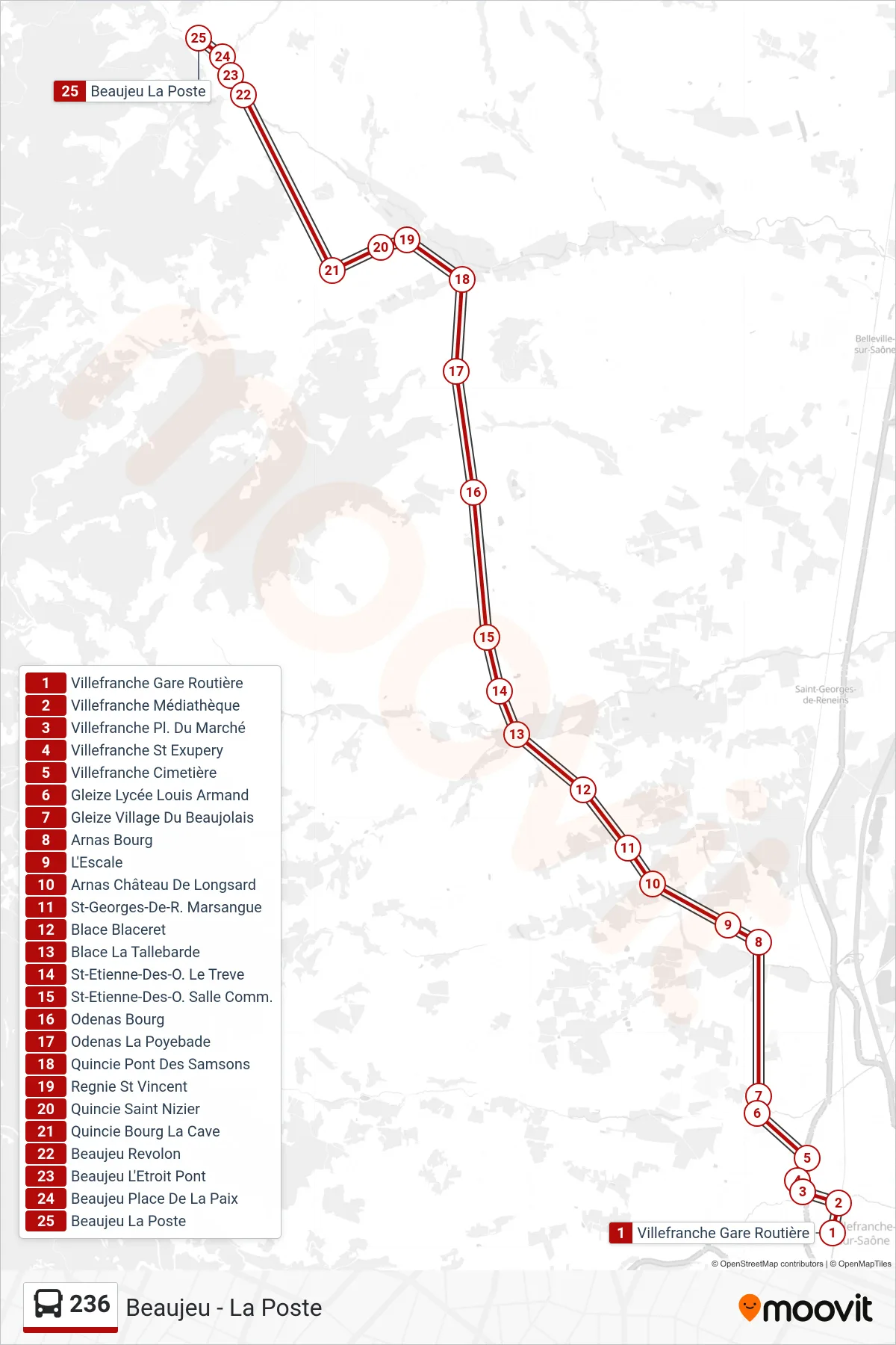 236 bus Line (Beaujeu - La Poste) route and stops on a map