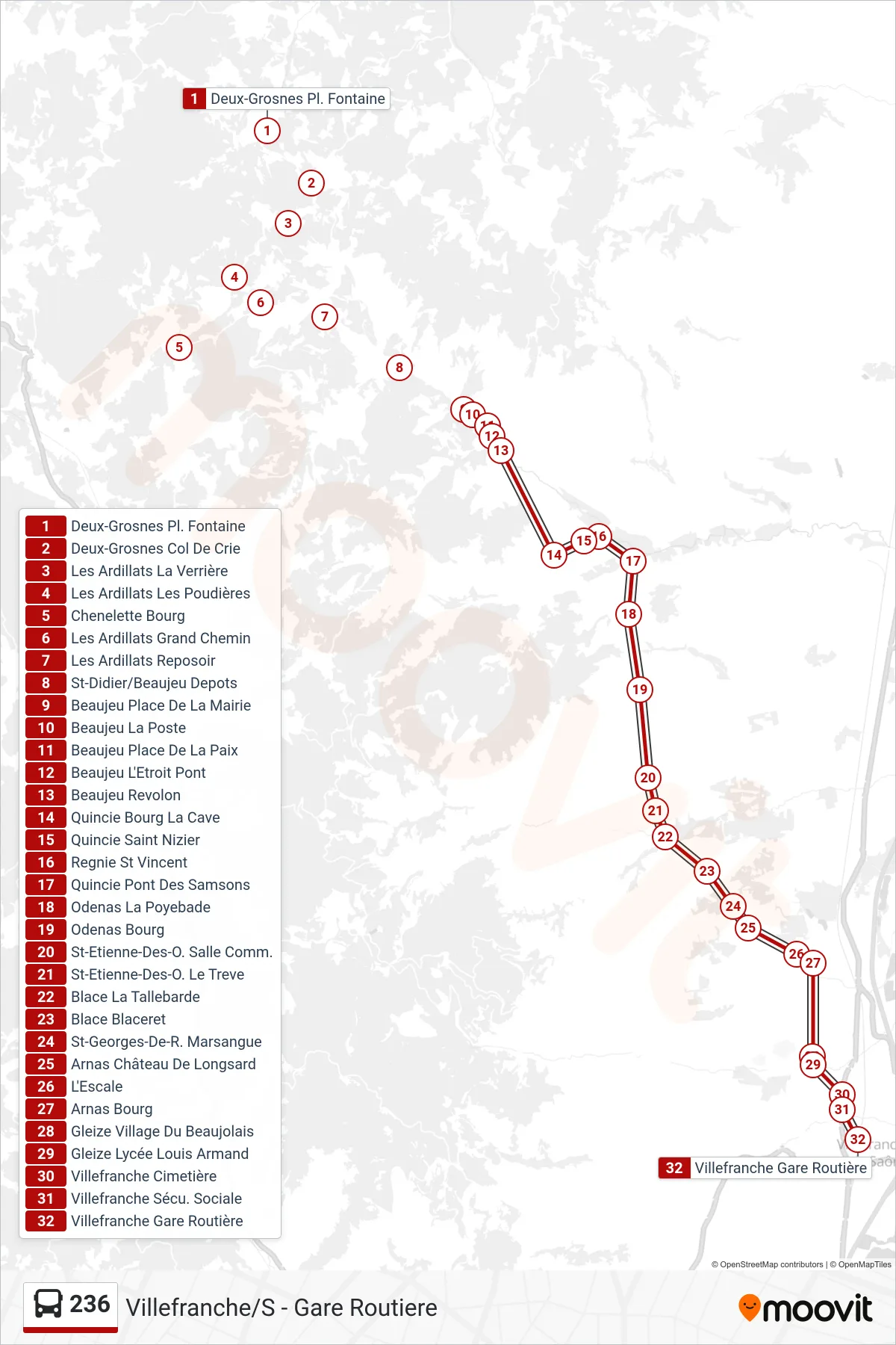 Tracé et arrêts de la ligne 236 de bus (Villefranche/S - Gare Routiere) sur une carte