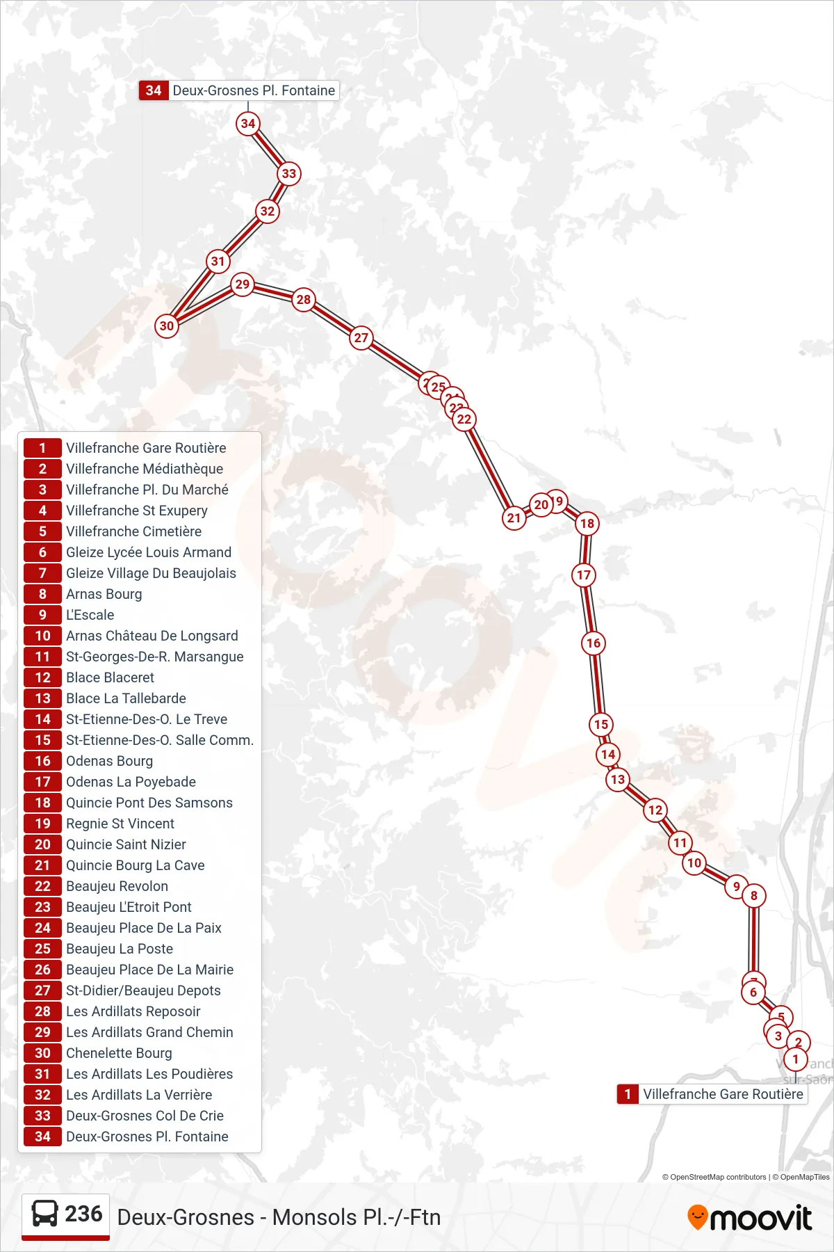 236 bus Line (Deux-Grosnes - Monsols Pl.-/-Ftn) route and stops on a map