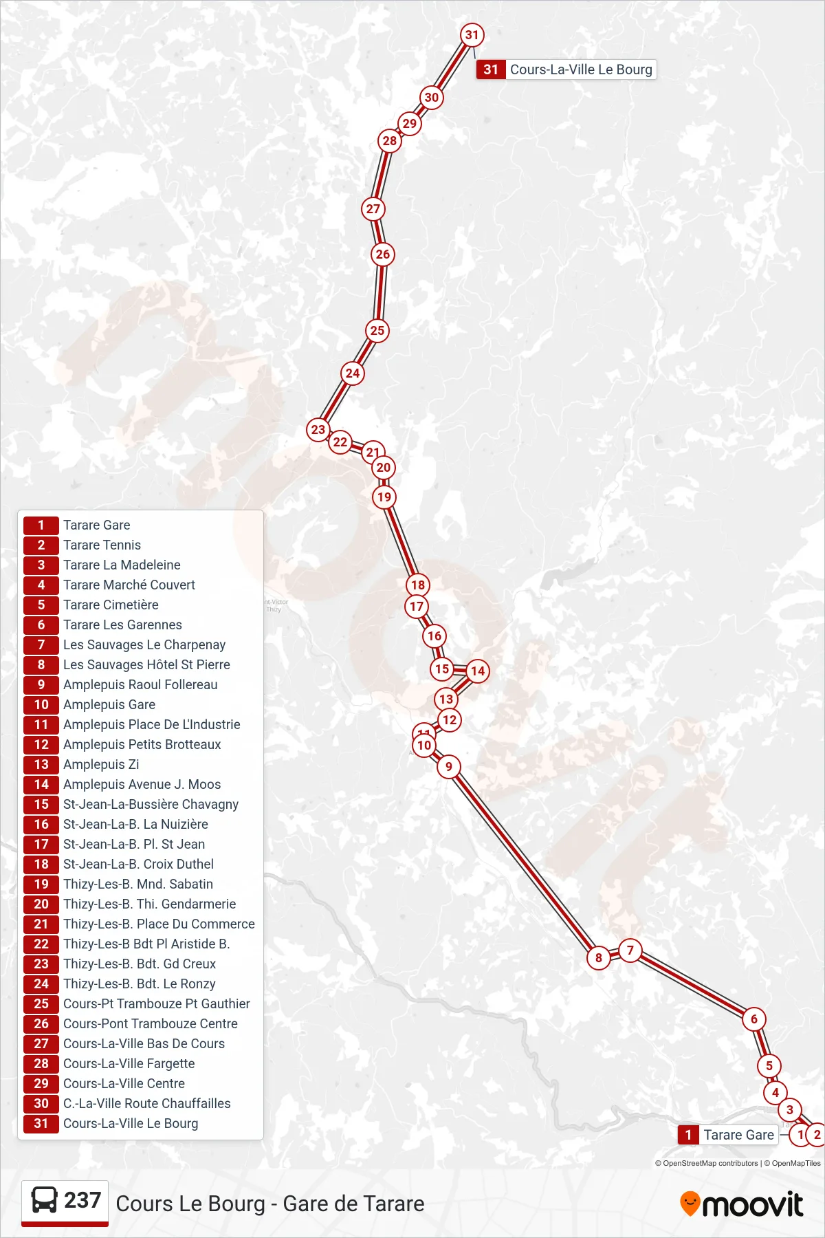 237 bus Line (Cours-La-Ville Le Bourg) route and stops on a map