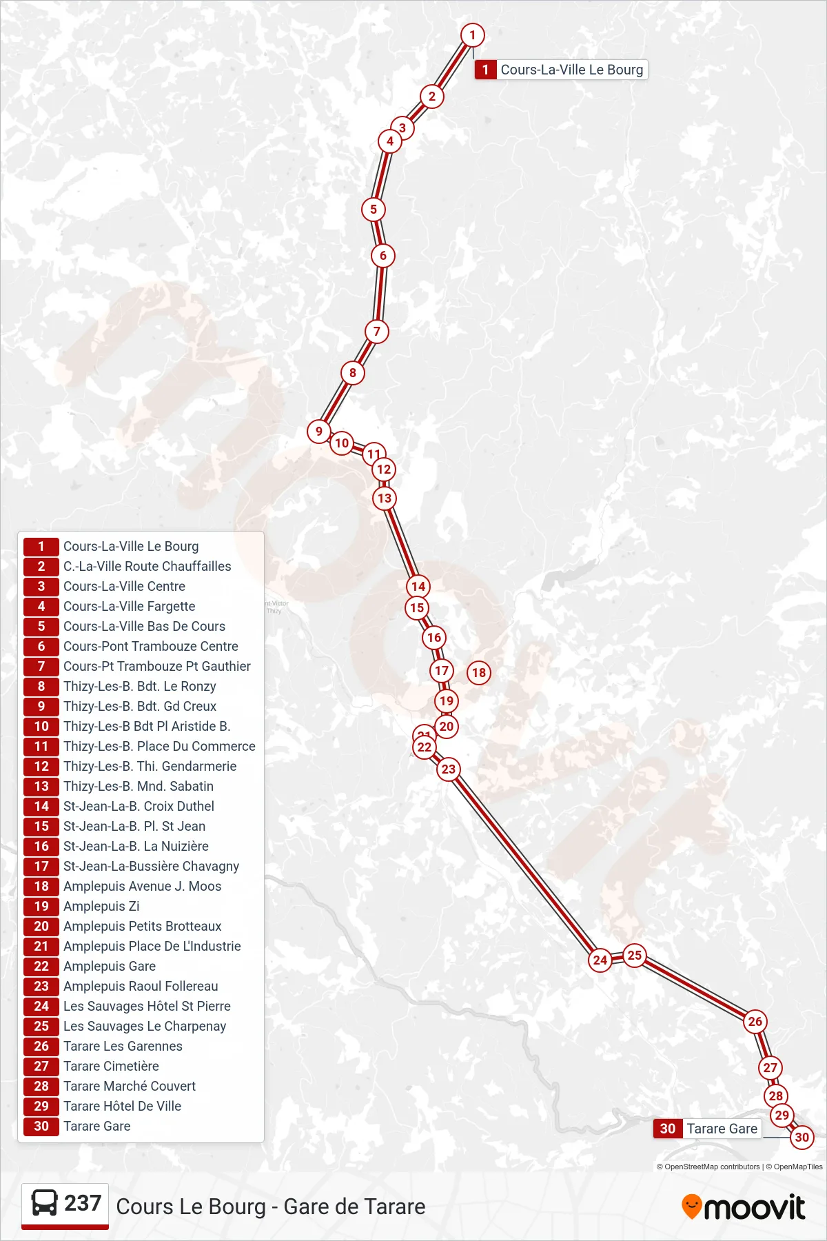Tracé et arrêts de la ligne 237 de bus (Tarare Gare) sur une carte