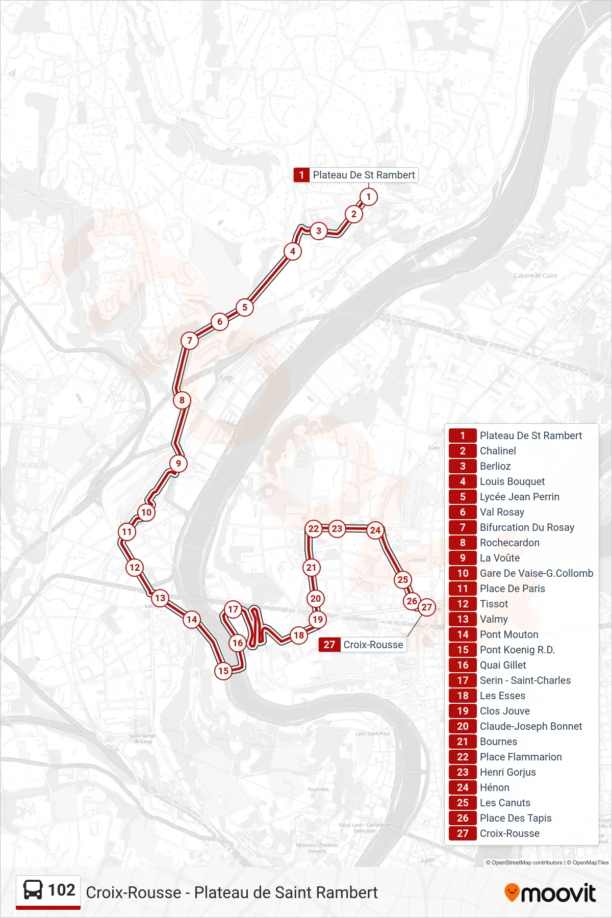 102 bus Line (Croix-Rousse) route and stops on a map