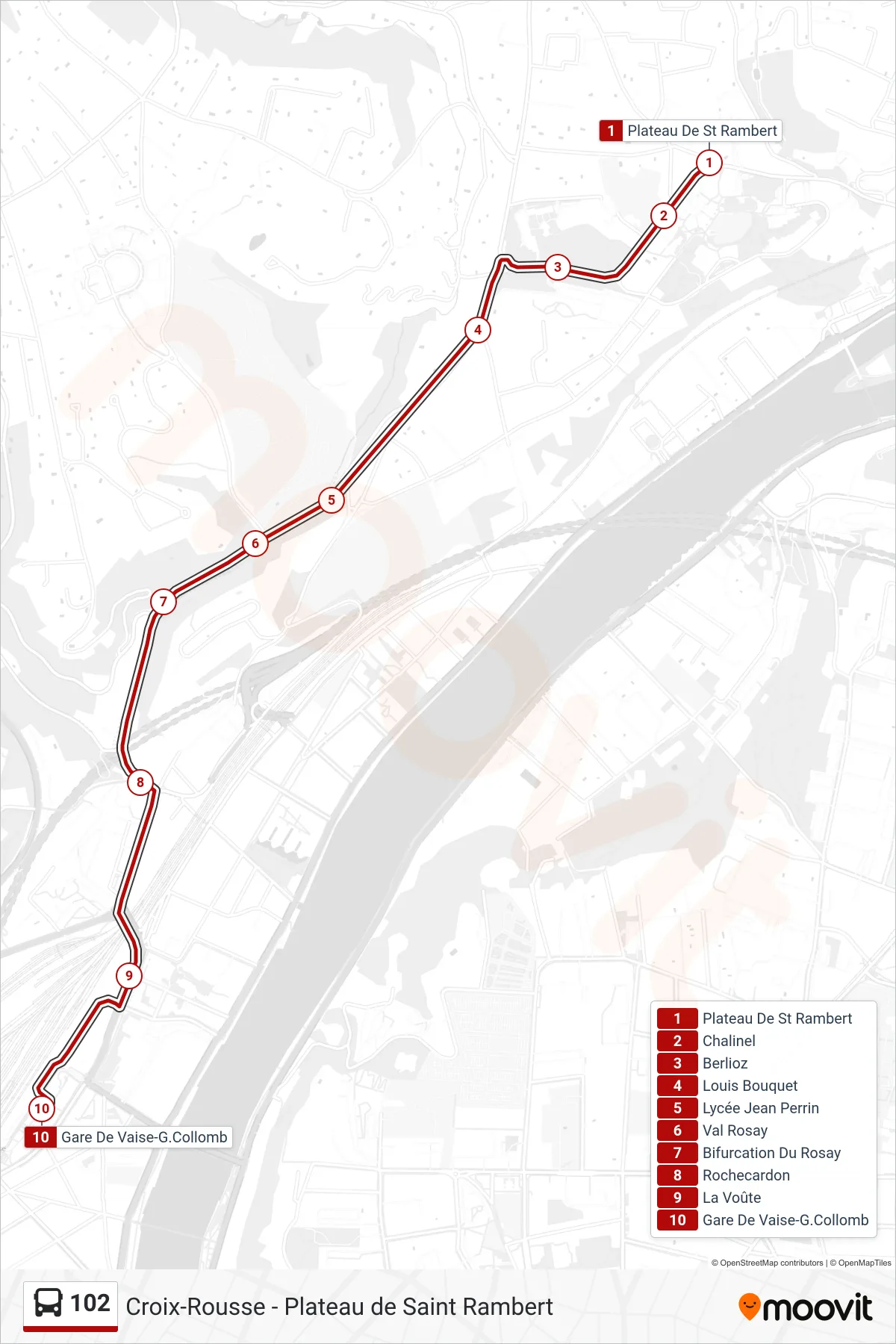 102 bus Line (Gare De Vaise-G.Collomb) route and stops on a map