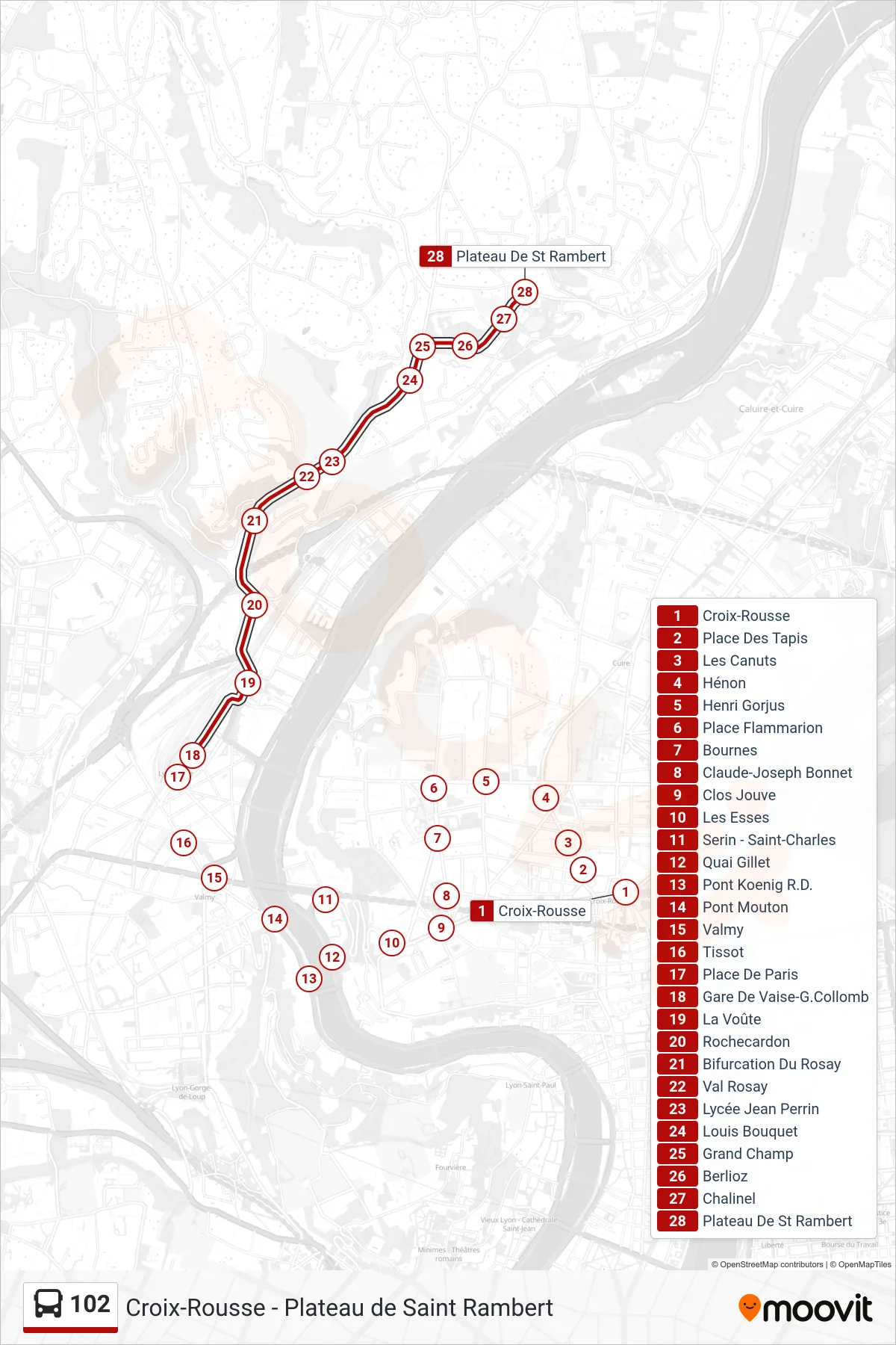 Tracé et arrêts de la ligne 102 de bus (Plateau De St Rambert) sur une carte