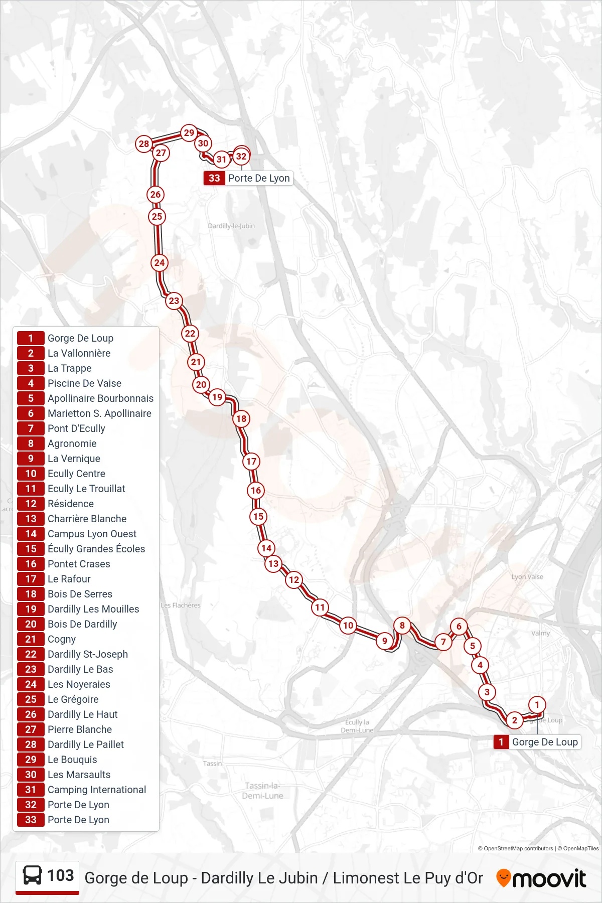 103 bus Line (Porte De Lyon) route and stops on a map