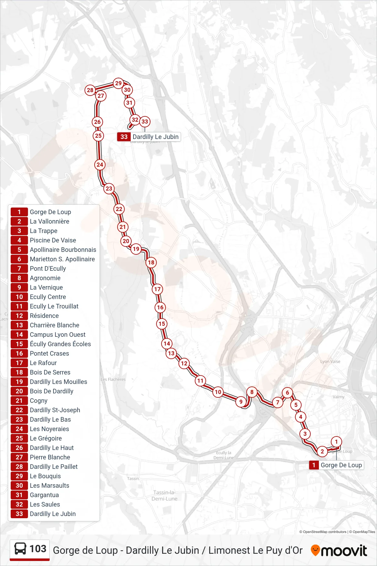 103 bus Line (Dardilly Le Jubin) route and stops on a map