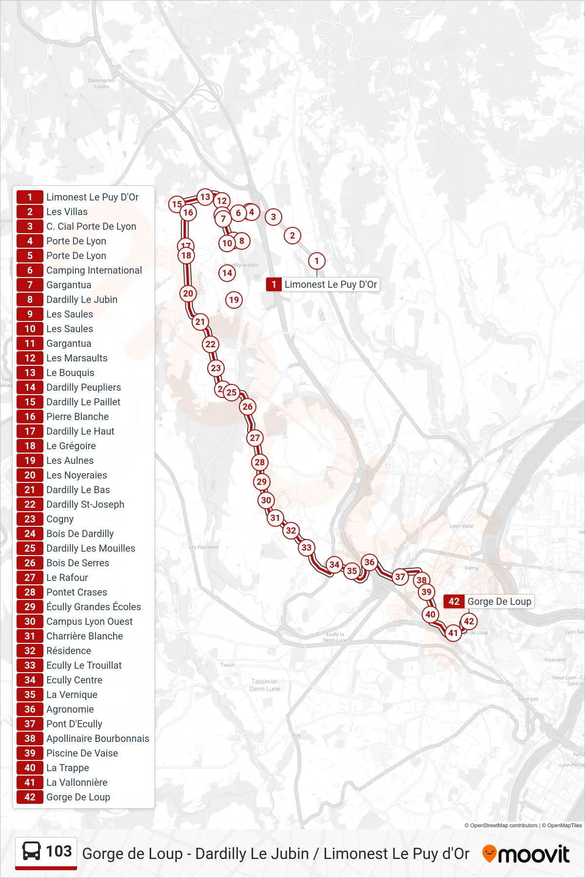 103 bus Line (Gorge De Loup) route and stops on a map