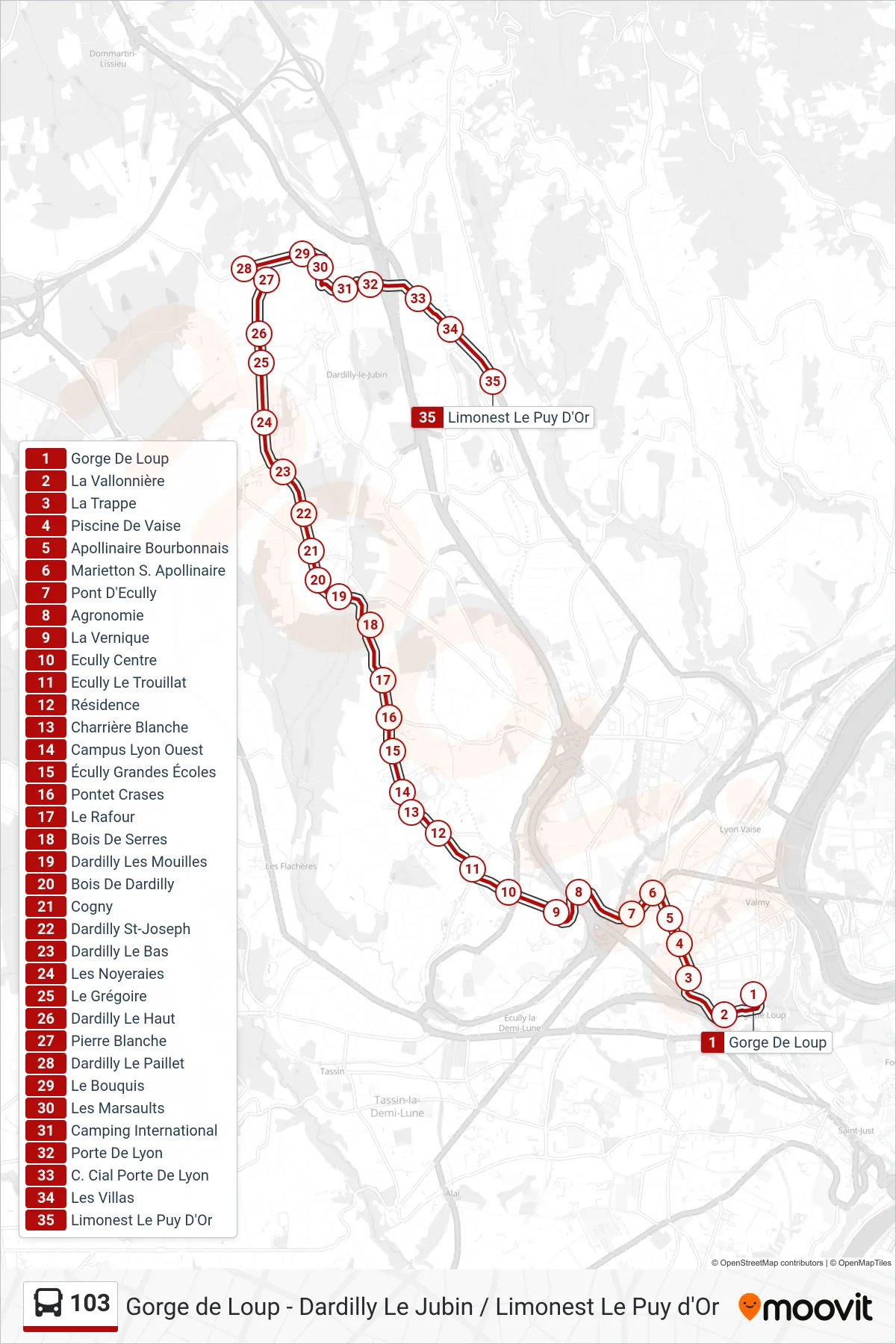 Tracé et arrêts de la ligne 103 de bus (Limonest Le Puy D'Or) sur une carte