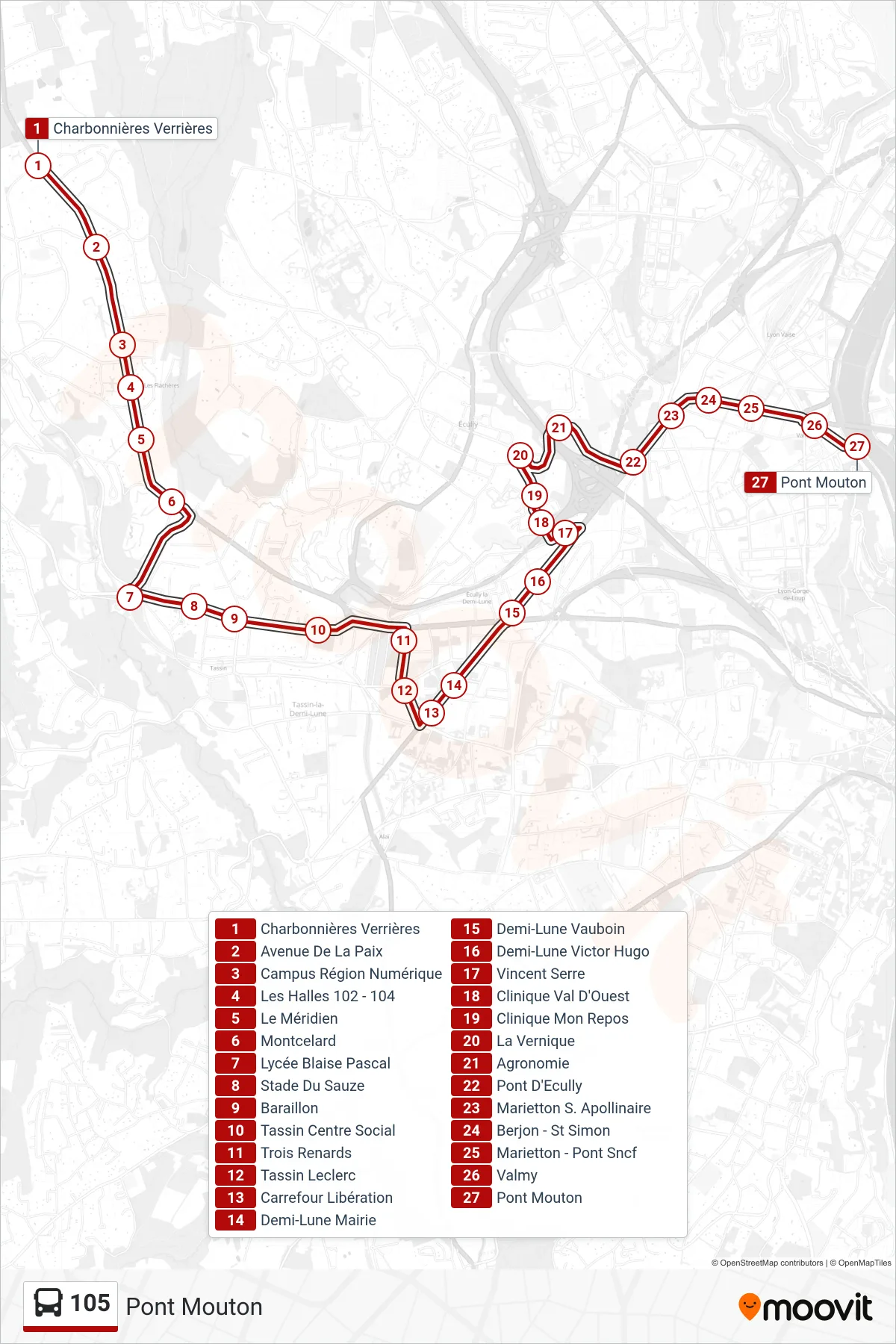 105 bus Line (Pont Mouton) route and stops on a map