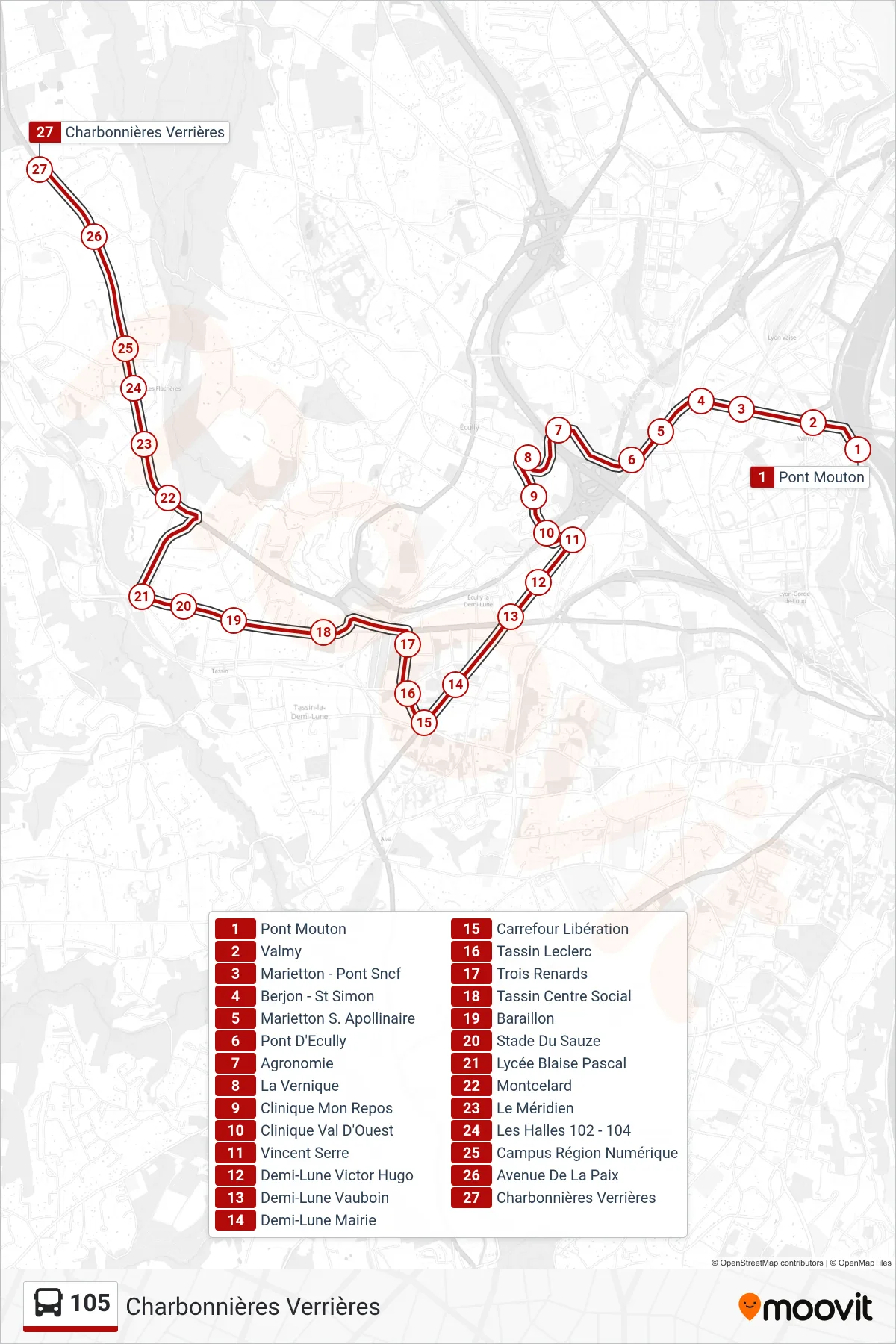 105 bus Line (Charbonnières Verrières) route and stops on a map