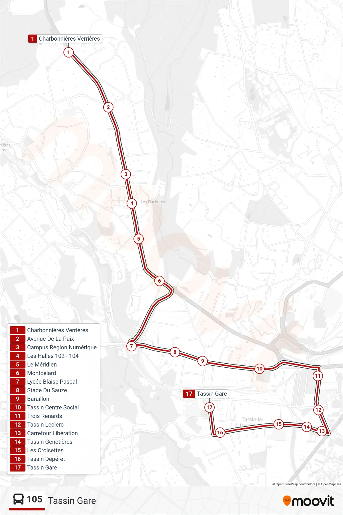 Tracé et arrêts de la ligne 105 de bus (Tassin Gare) sur une carte