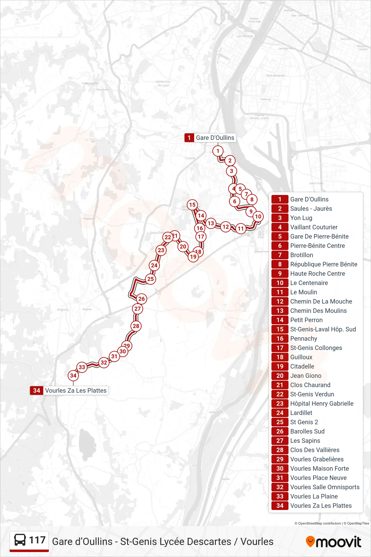 Tracé et arrêts de la ligne 117 de bus (Vourles Za Les Plattes) sur une carte