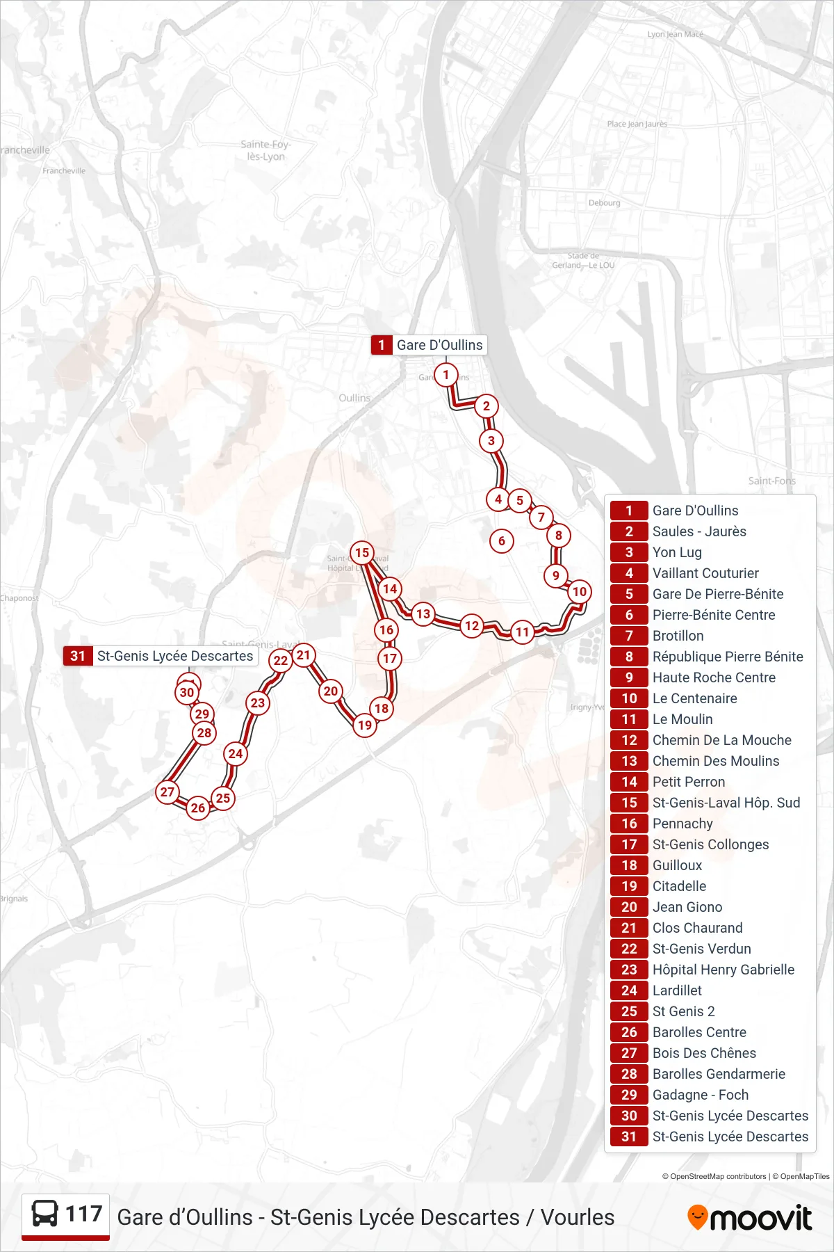 117 bus Line (St-Genis Lycée Descartes) route and stops on a map