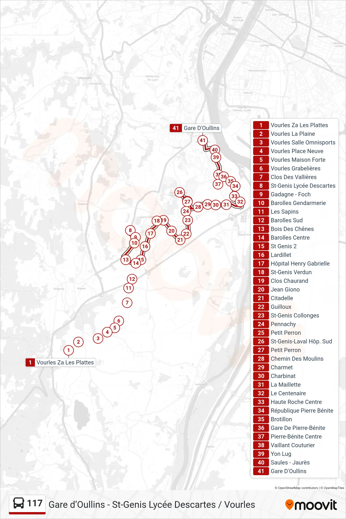 117 bus Line (Gare D'Oullins) route and stops on a map