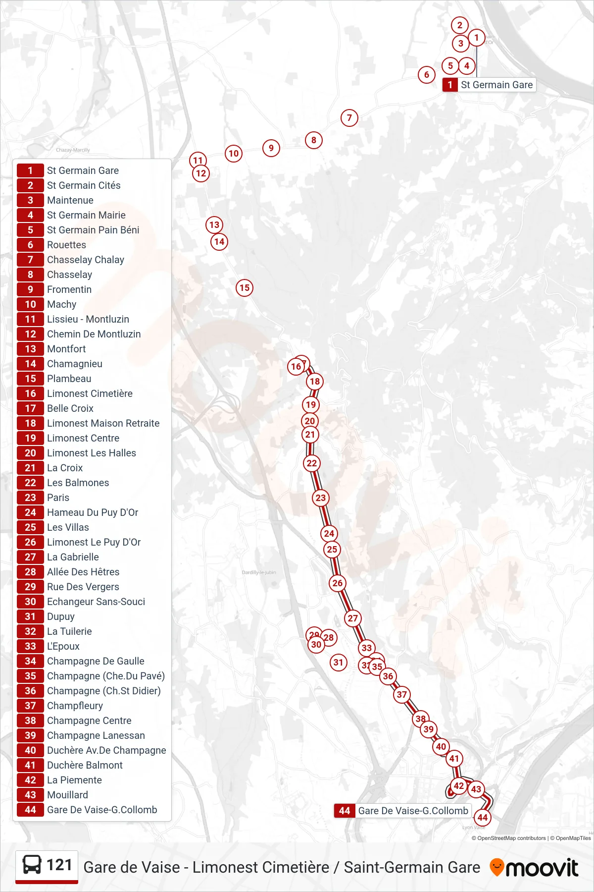121 bus Line (Gare De Vaise-G.Collomb) route and stops on a map