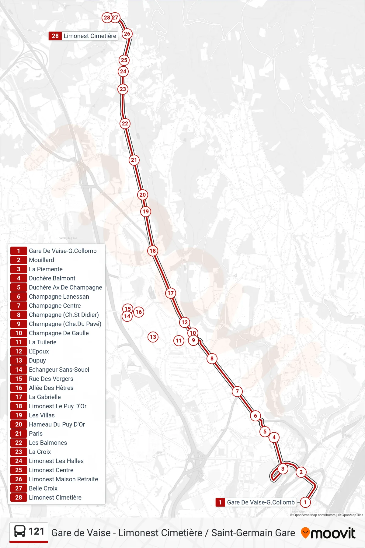 Tracé et arrêts de la ligne 121 de bus (Limonest Cimetière) sur une carte