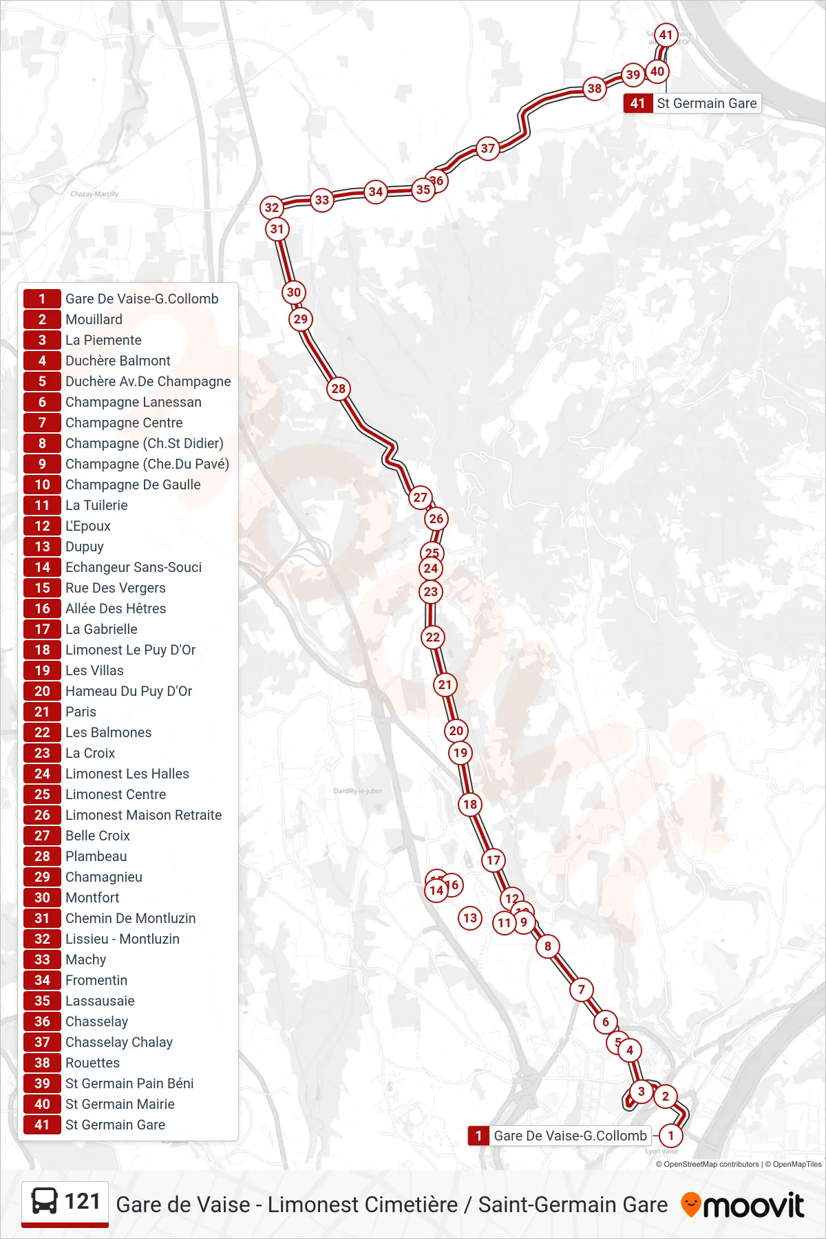 121 bus Line (St Germain Gare) route and stops on a map