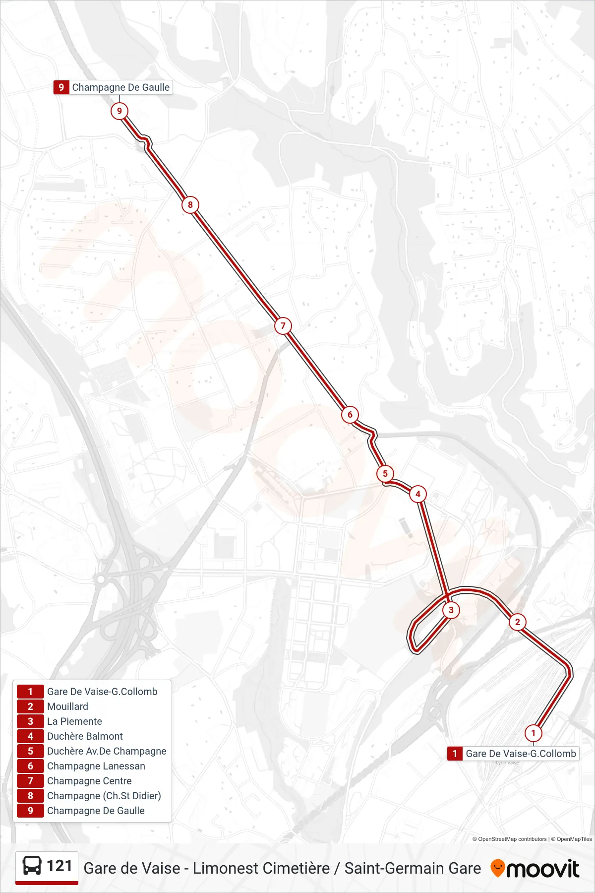 121 bus Line (Champagne De Gaulle) route and stops on a map