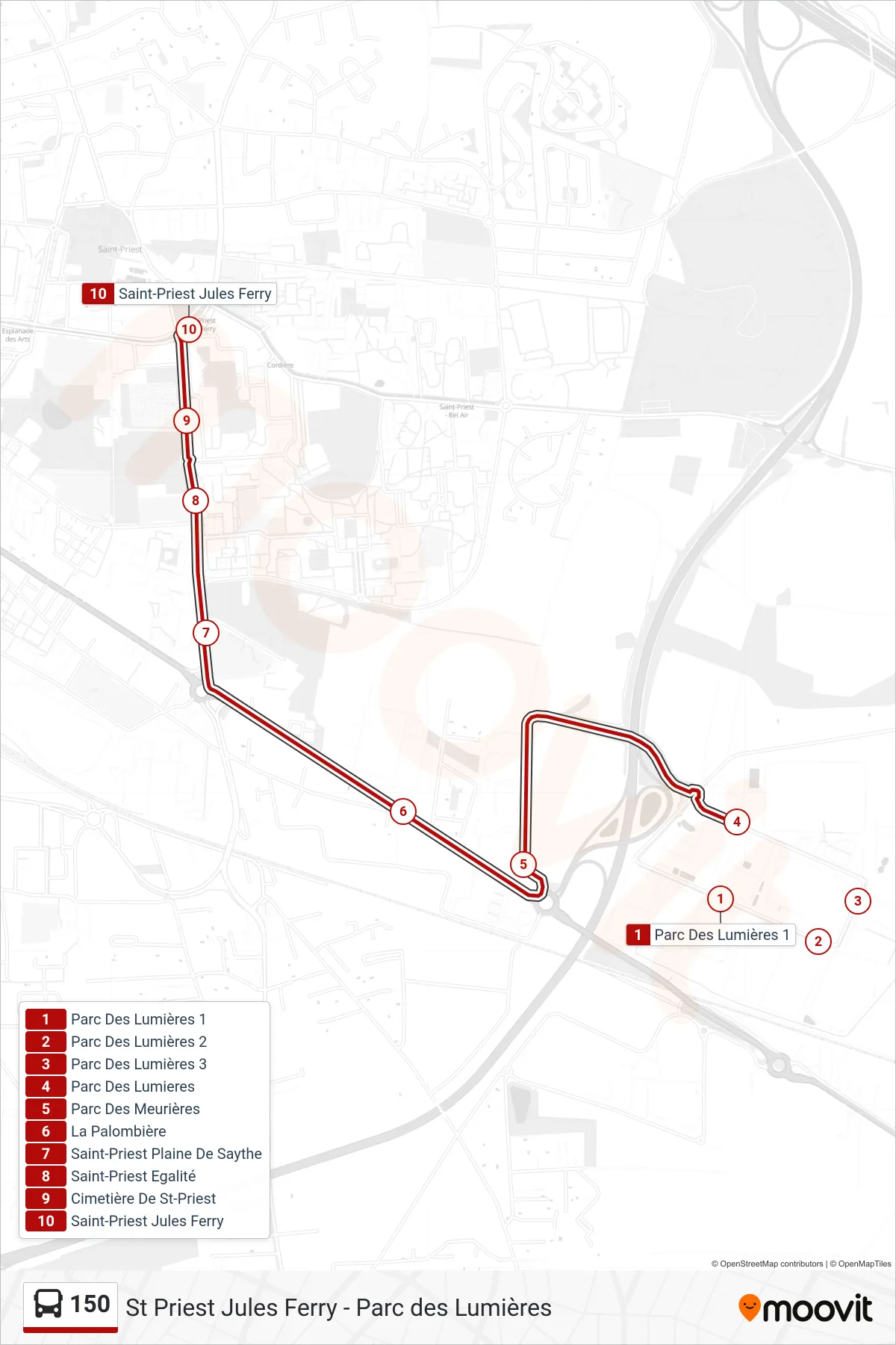Tracé et arrêts de la ligne 150 de bus (Saint-Priest Jules Ferry) sur une carte