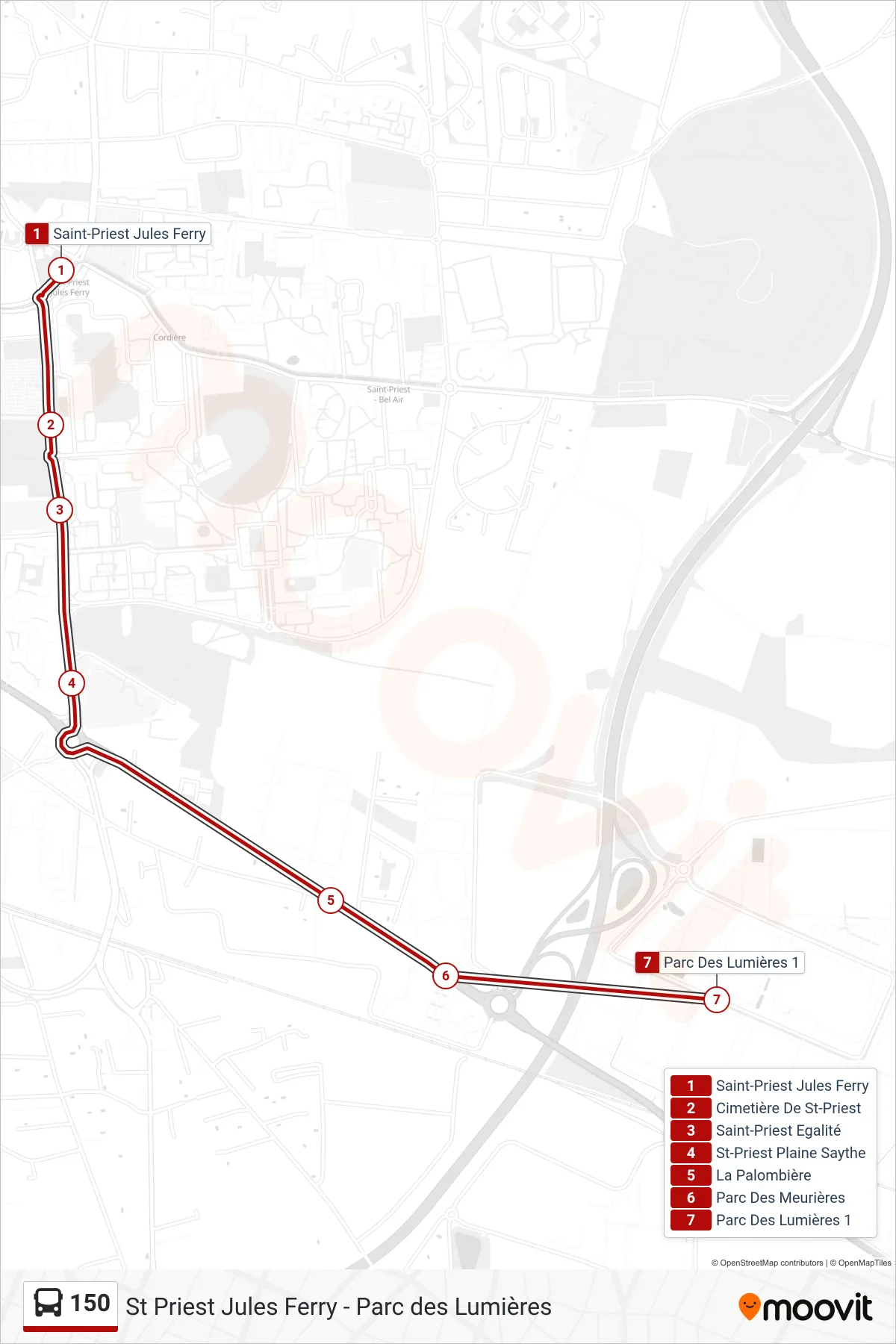 150 bus Line (Parc Des Lumières 1) route and stops on a map