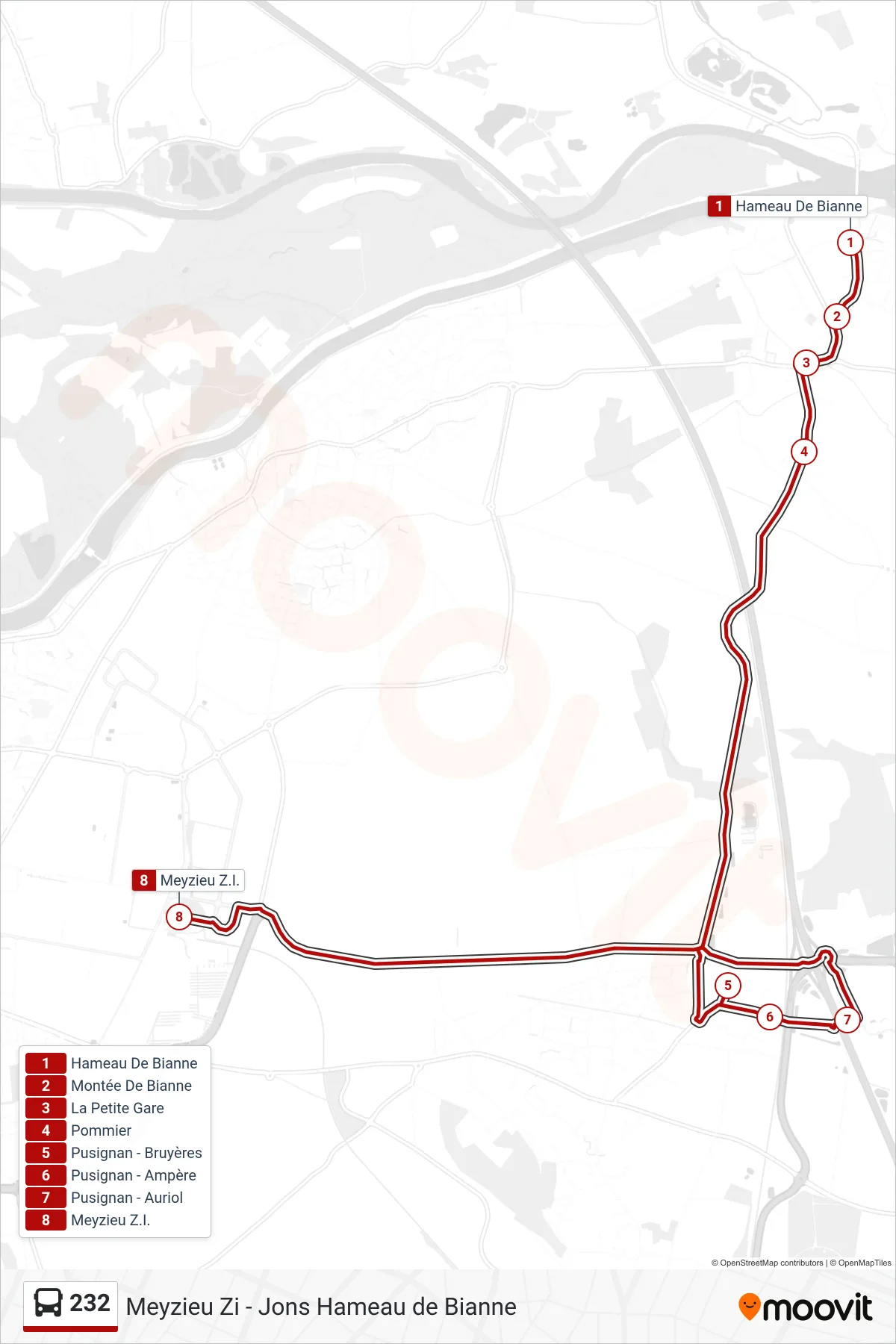Tracé et arrêts de la ligne 232 de bus (Meyzieu Z.I.) sur une carte
