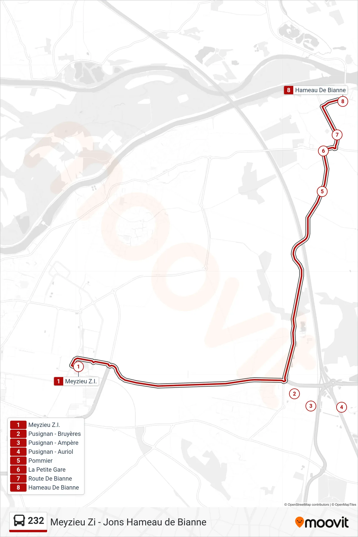 Tracé et arrêts de la ligne 232 de bus (Hameau De Bianne) sur une carte