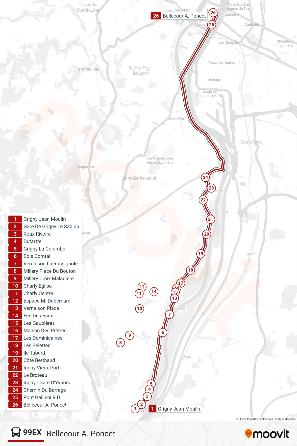 99EX bus Line (Bellecour A. Poncet) route and stops on a map