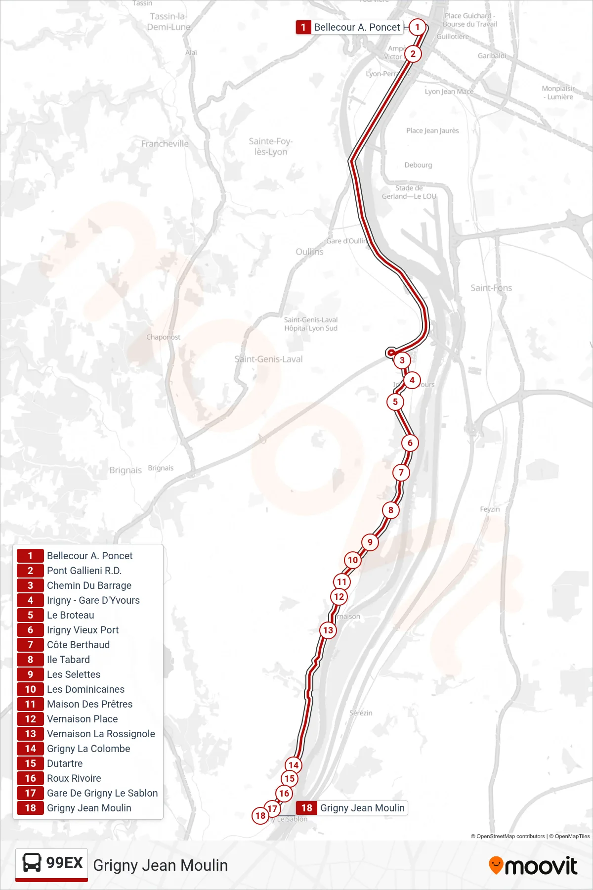 99EX bus Line (Grigny Jean Moulin) route and stops on a map