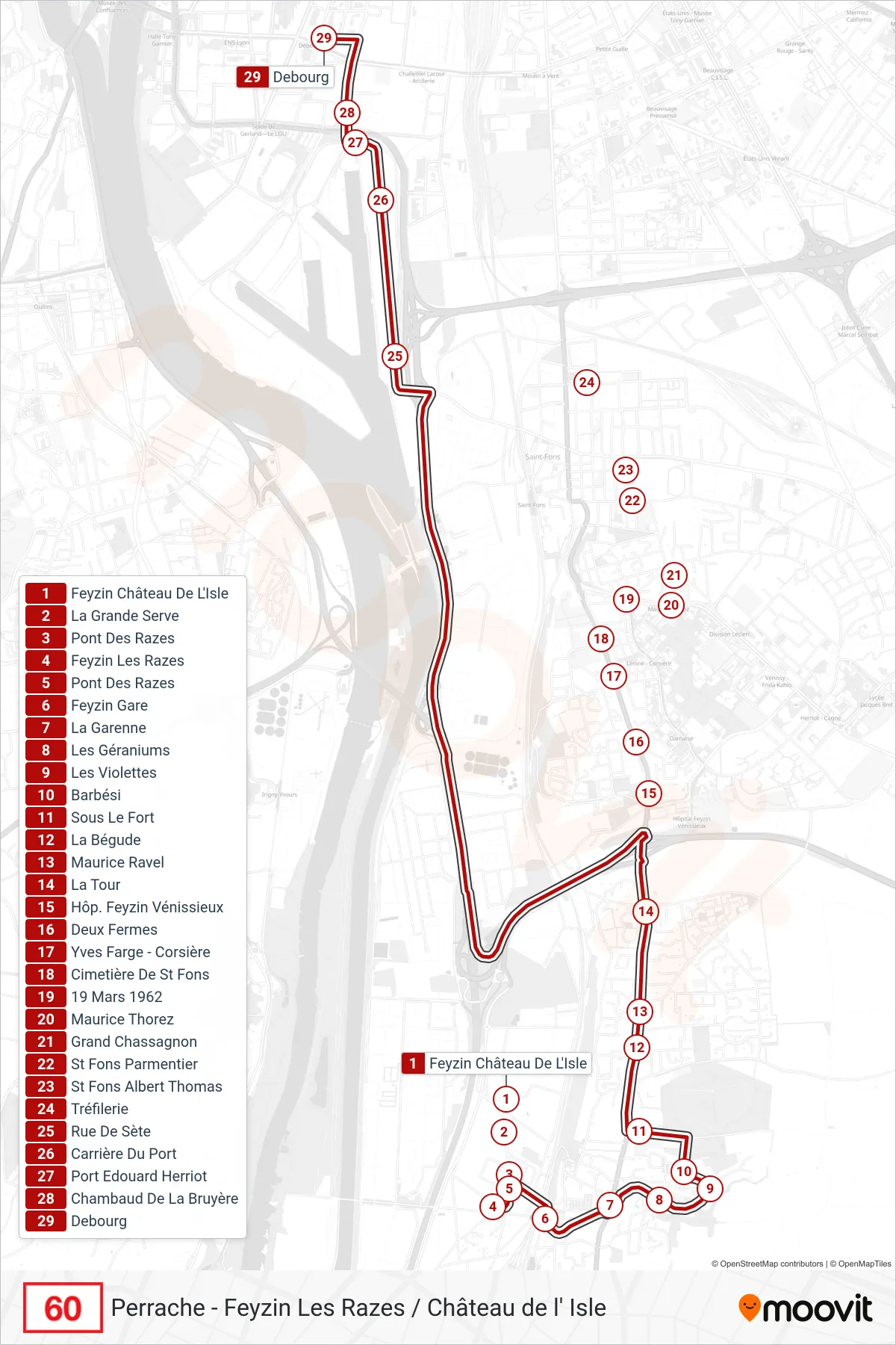 60 bus Line (Debourg) route and stops on a map