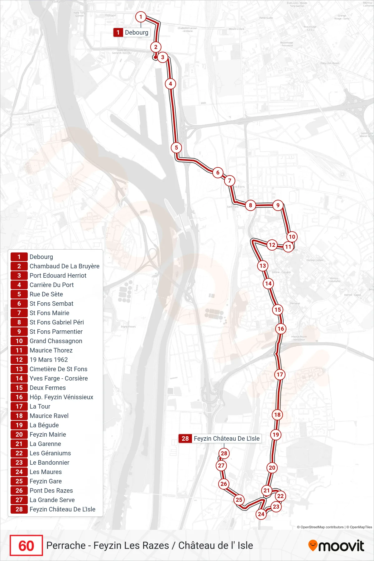 60 bus Line (Feyzin Château De L'Isle) route and stops on a map