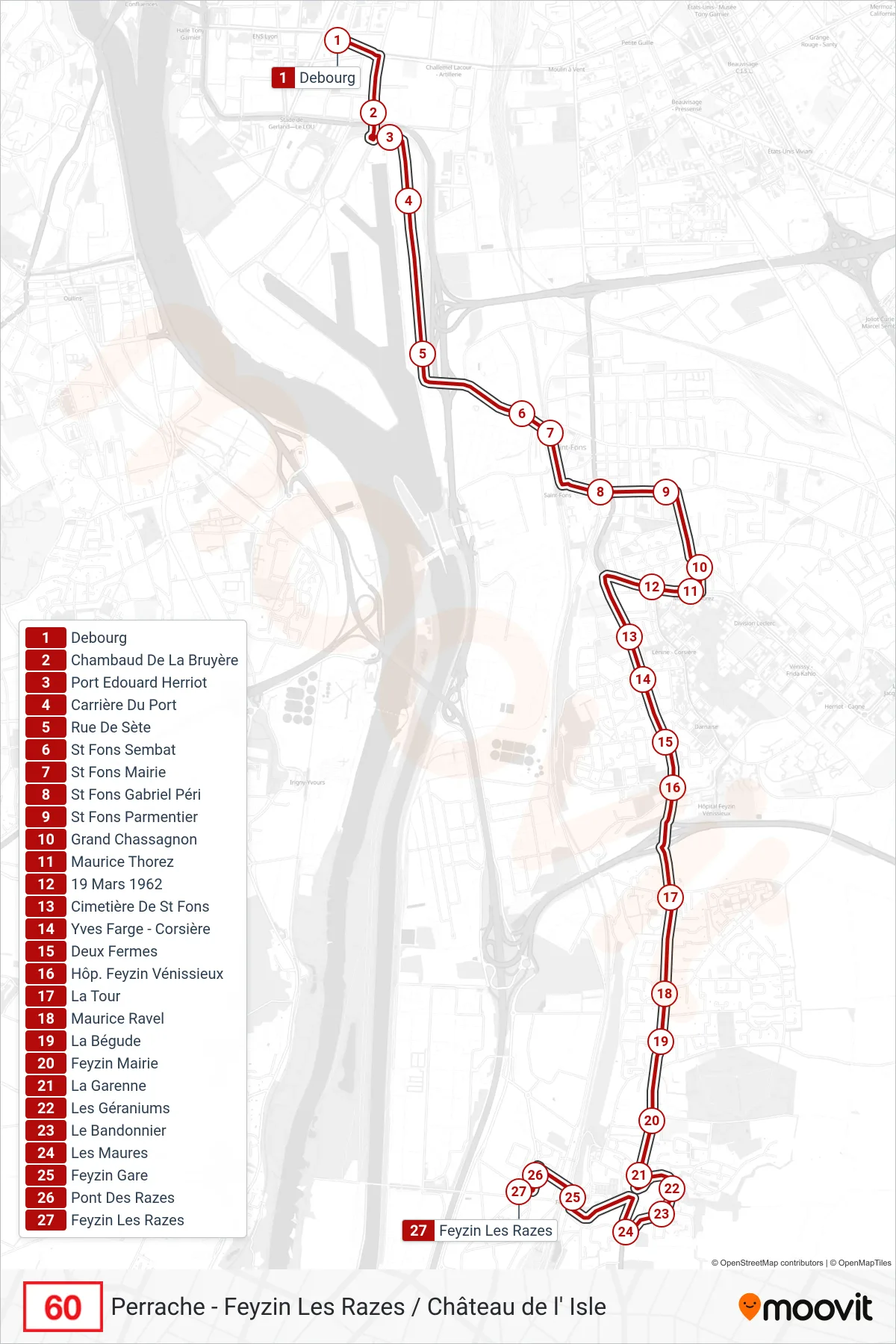 Tracé et arrêts de la ligne 60 de bus (Feyzin Les Razes) sur une carte
