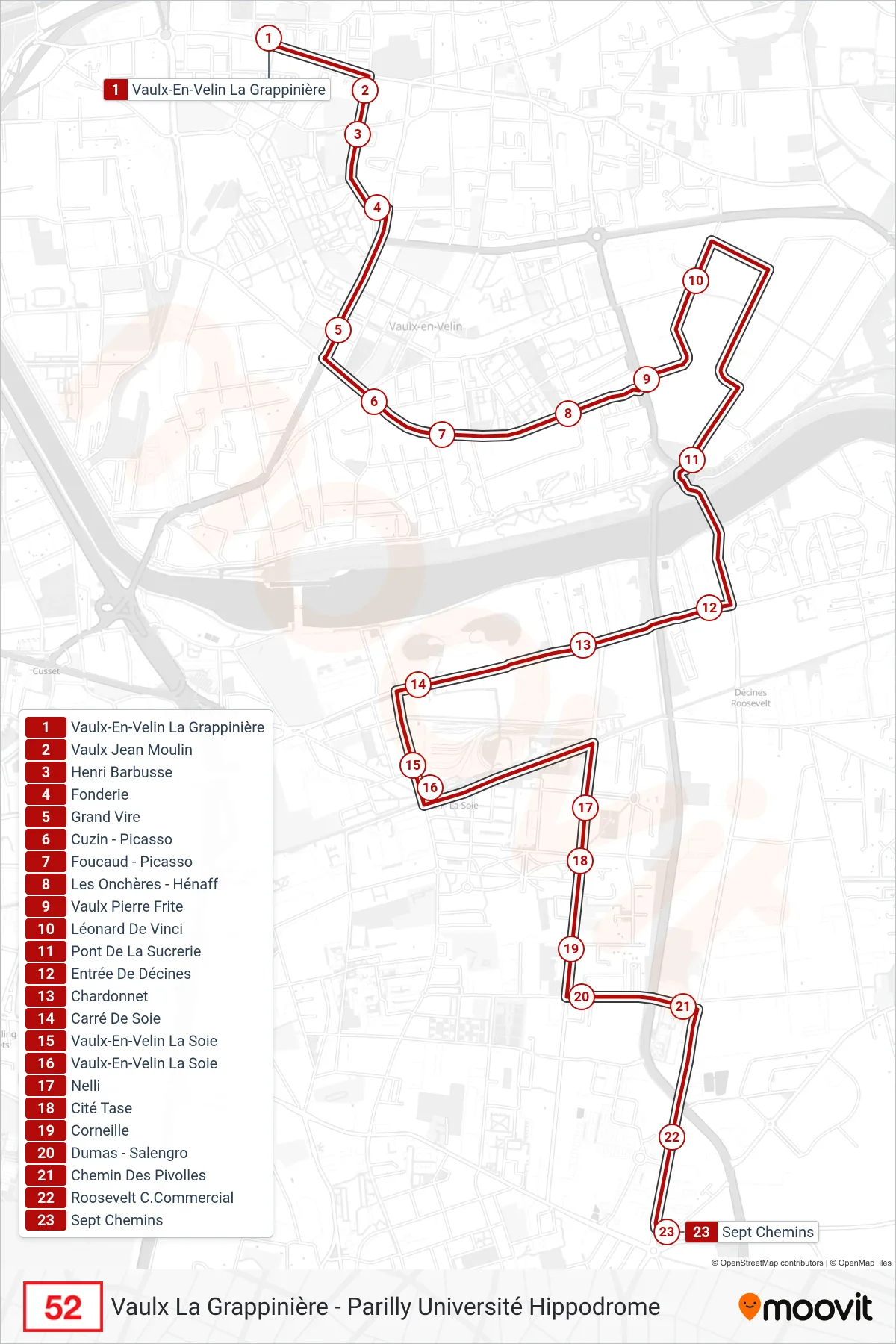 52 bus Line (Sept Chemins) route and stops on a map