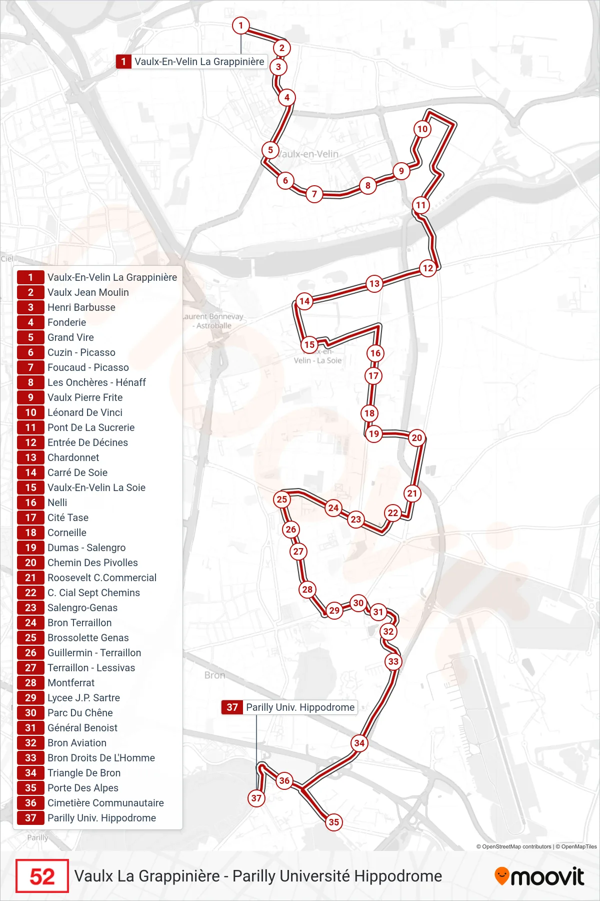 52 bus Line (Parilly Univ. Hippodrome) route and stops on a map
