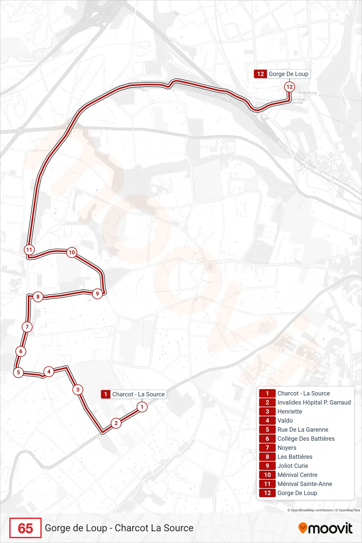 65 bus Line (Gorge De Loup) route and stops on a map