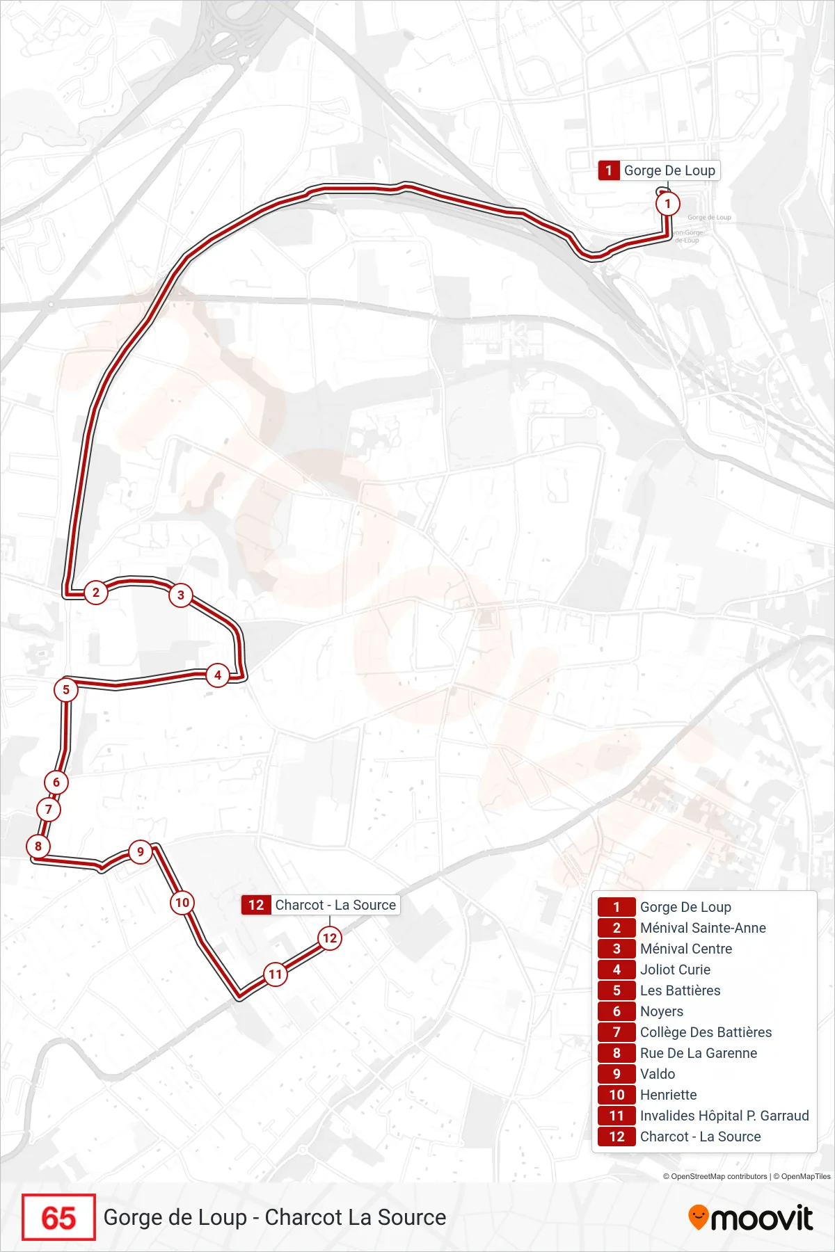 Tracé et arrêts de la ligne 65 de bus (Charcot - La Source) sur une carte