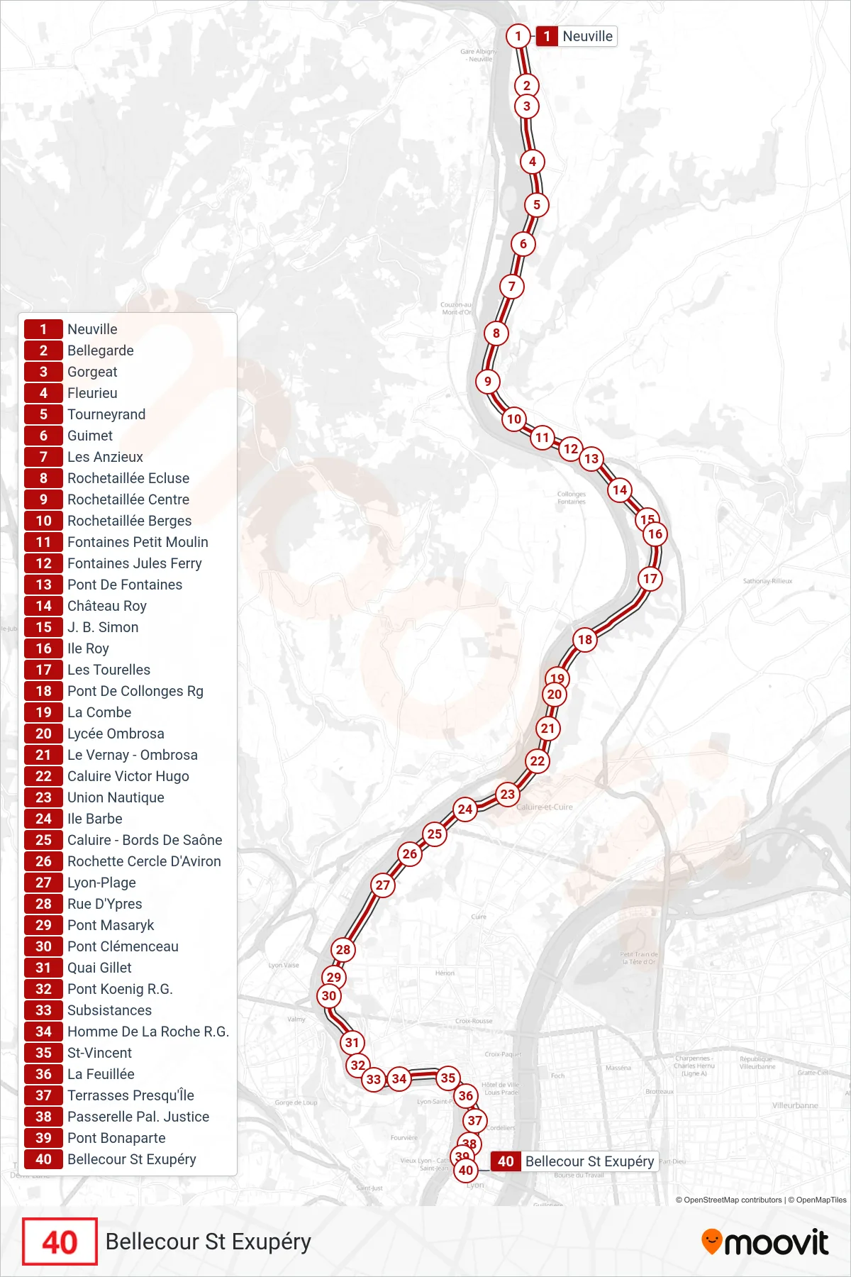Tracé et arrêts de la ligne 40 de bus (Bellecour St Exupéry) sur une carte
