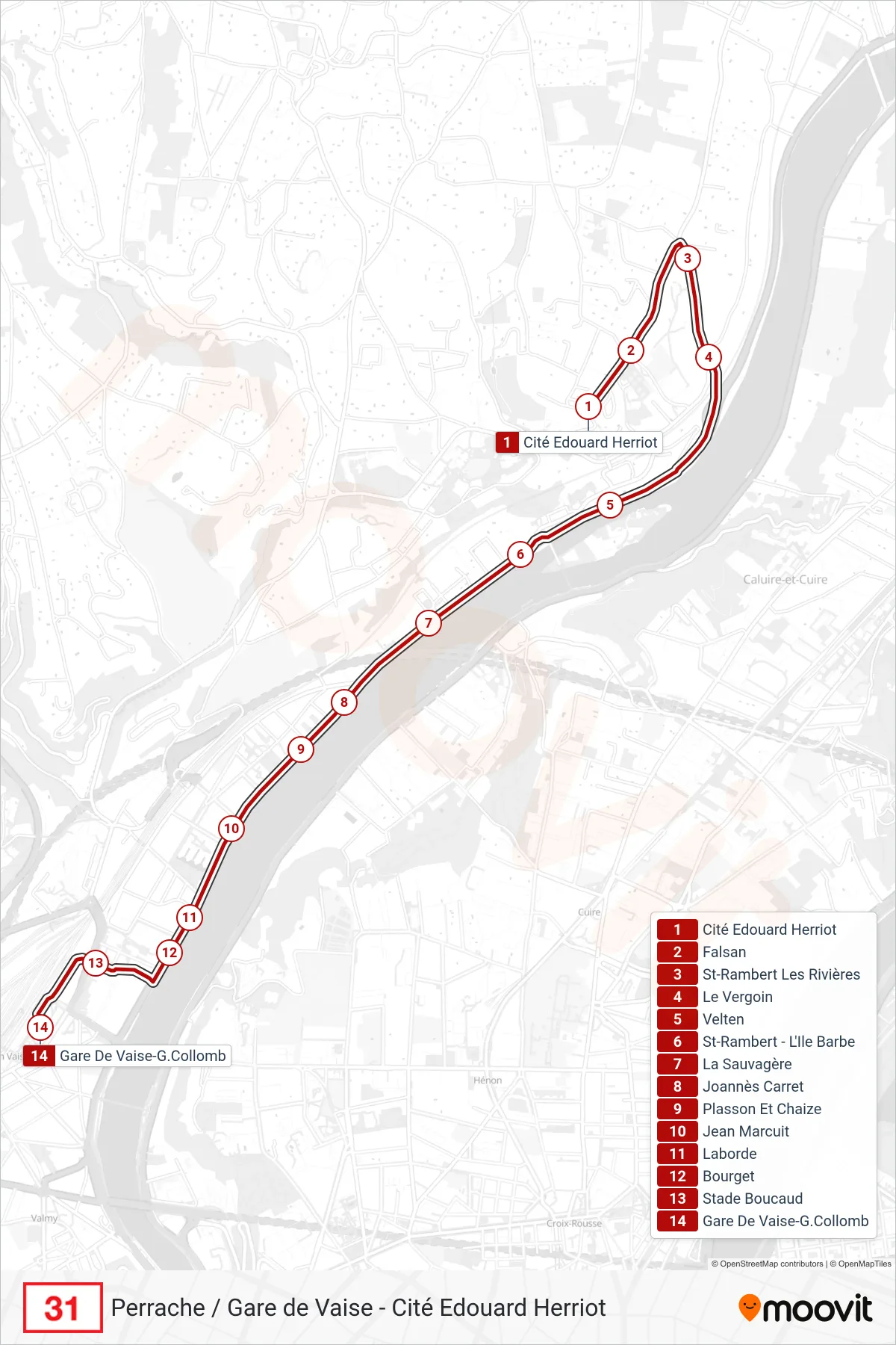 31 bus Line (Gare De Vaise-G.Collomb) route and stops on a map