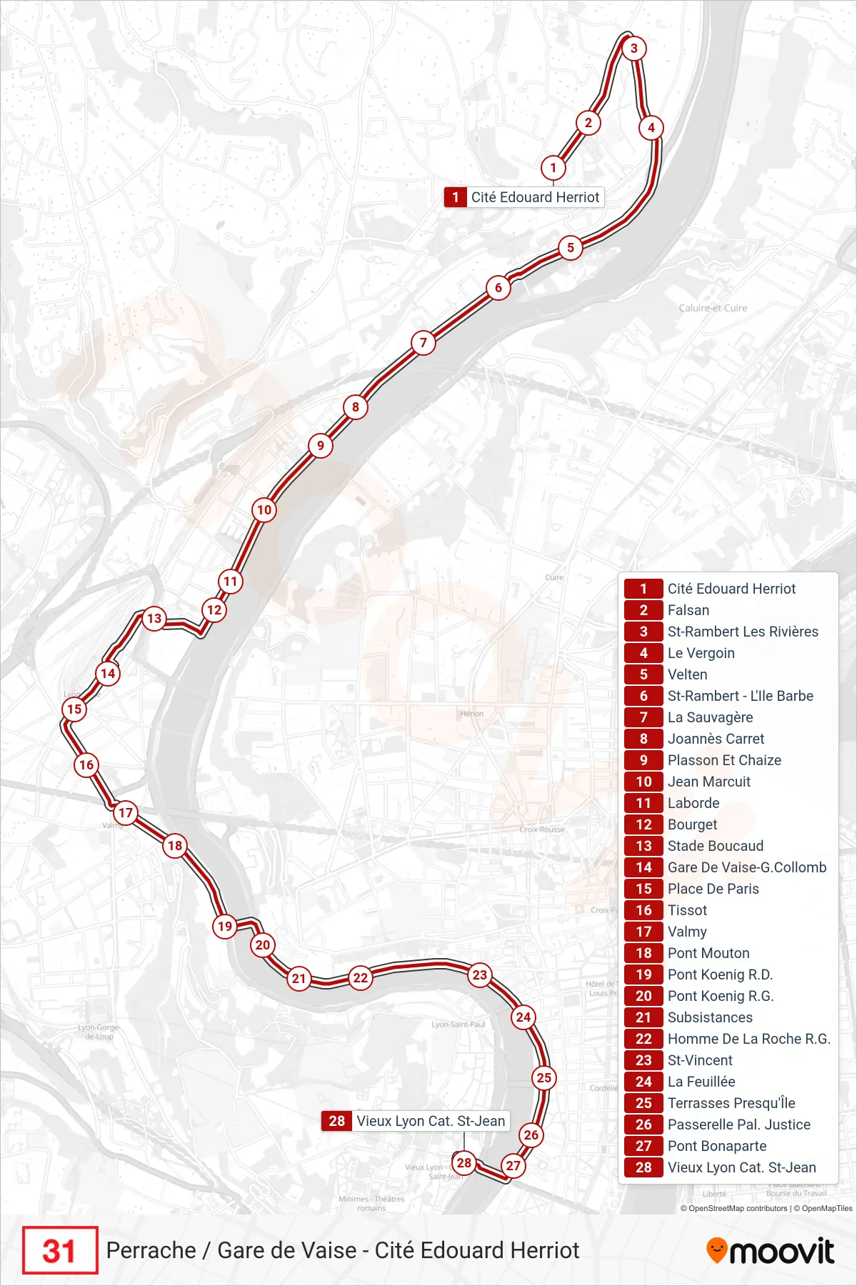 31 bus Line (Vieux Lyon Cat. St-Jean) route and stops on a map