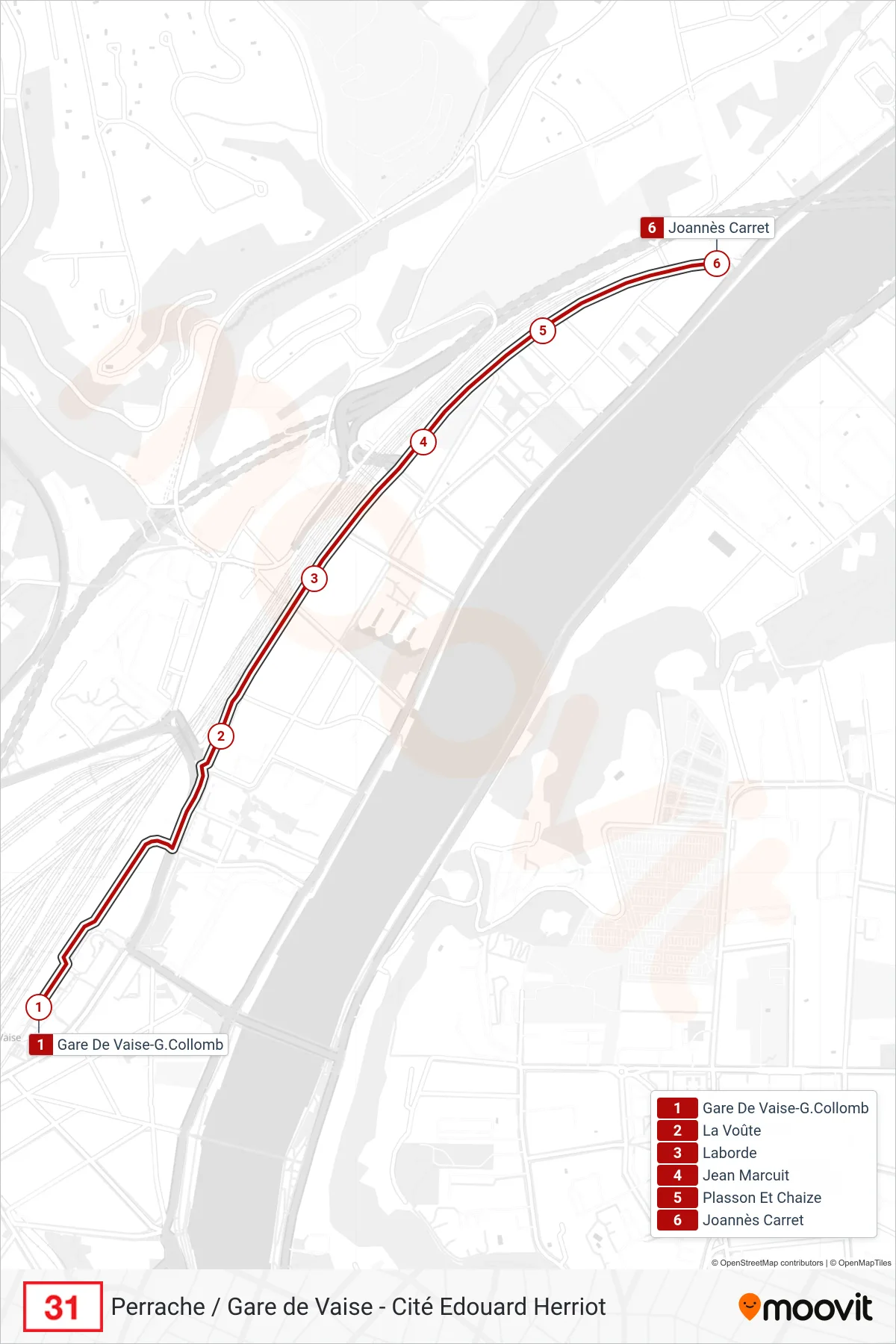 Tracé et arrêts de la ligne 31 de bus (Joannès Carret) sur une carte