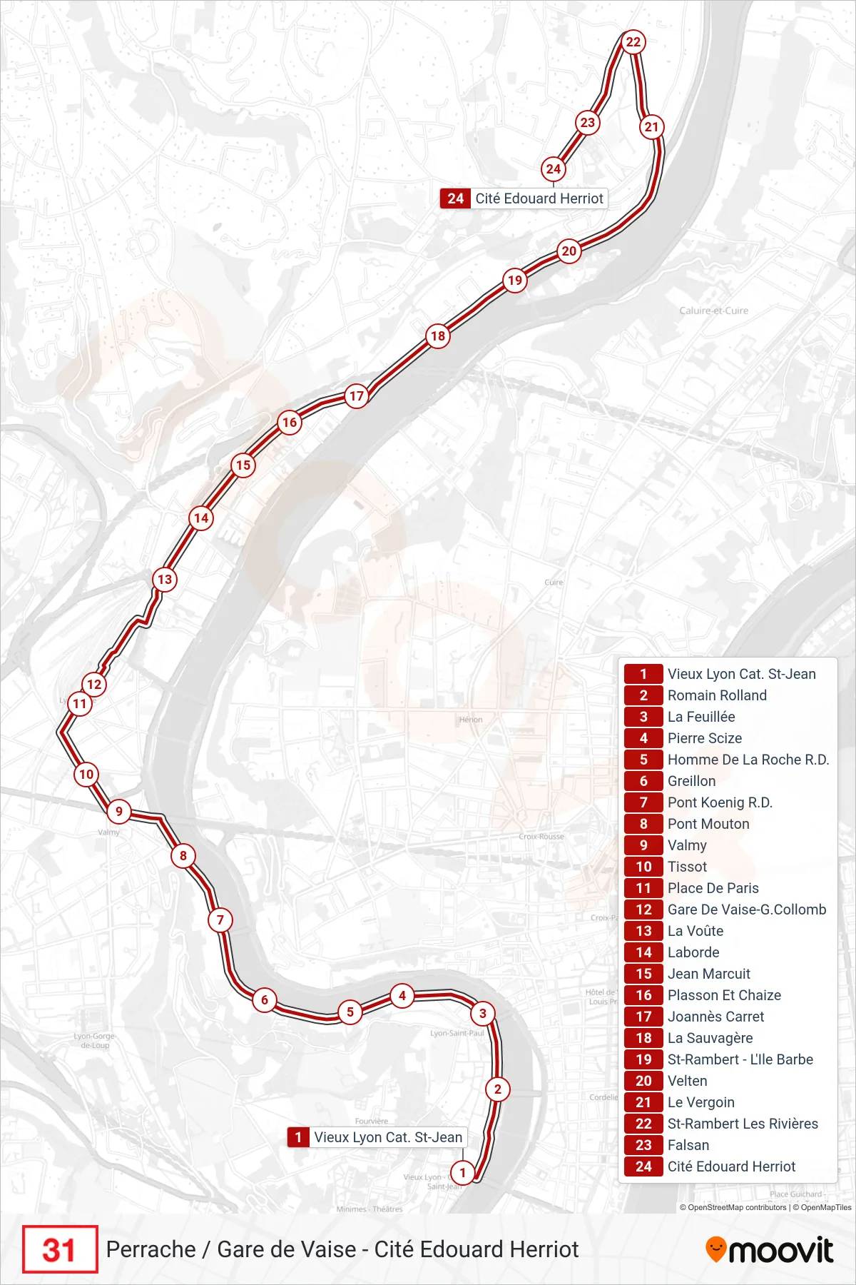 31 bus Line (Cité Edouard Herriot) route and stops on a map